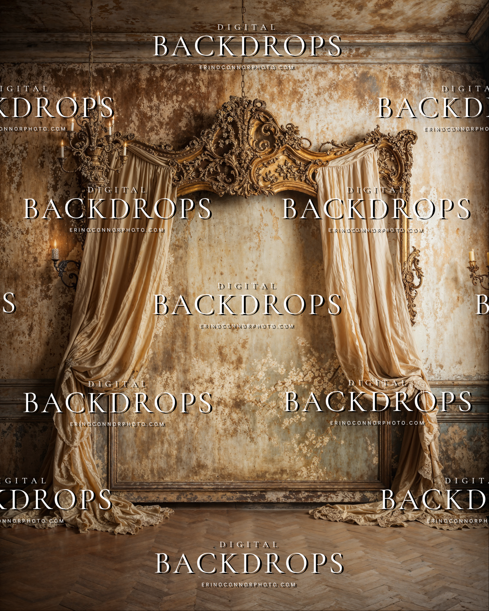 Gilded arch backdrop with champagne velvet drapery and aged plaster wall for portrait and maternity composites.