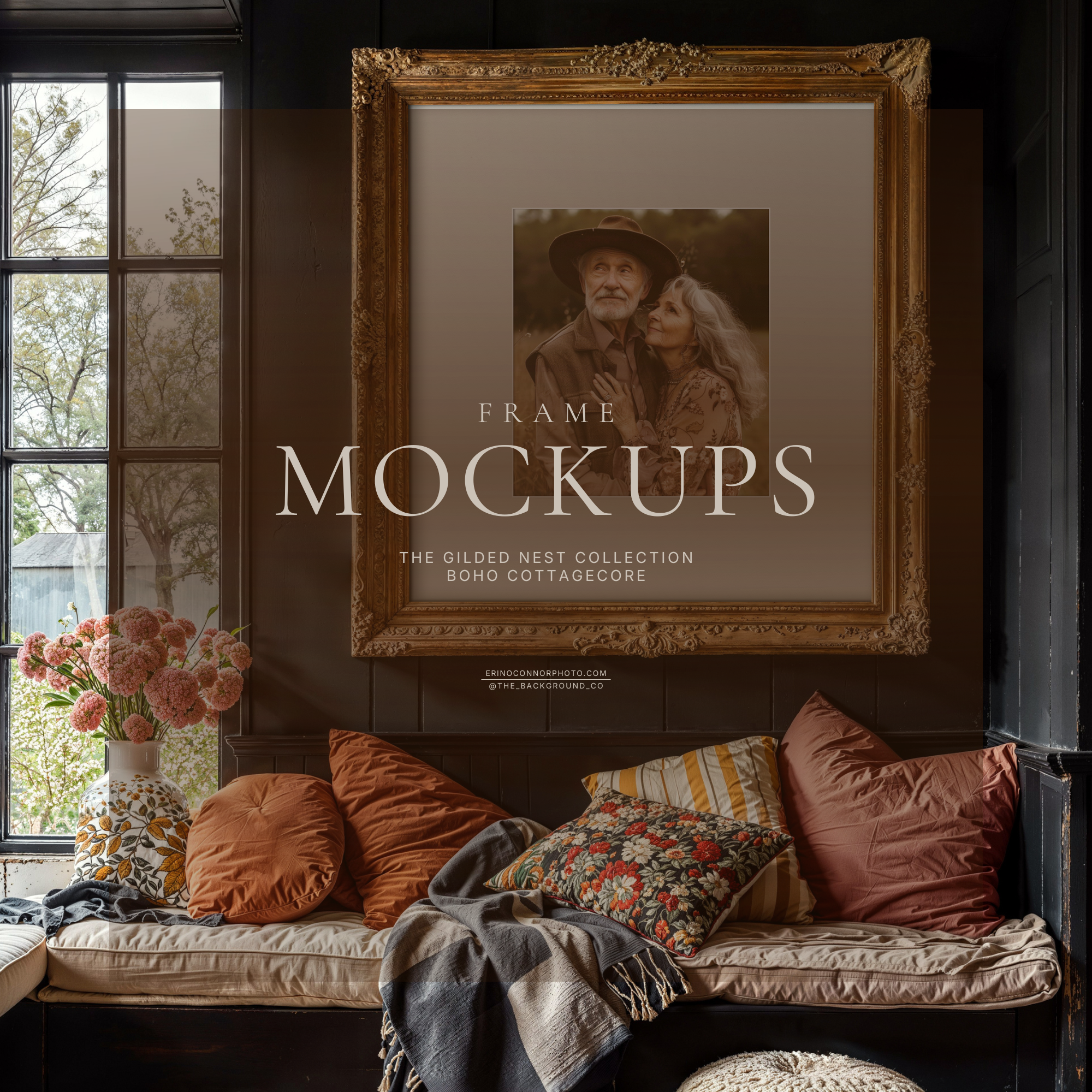 Moody black window bench room and frame mockup with ornate gold square frame and white mat, layered pillows and throw, cottage style interior for artists and photographers