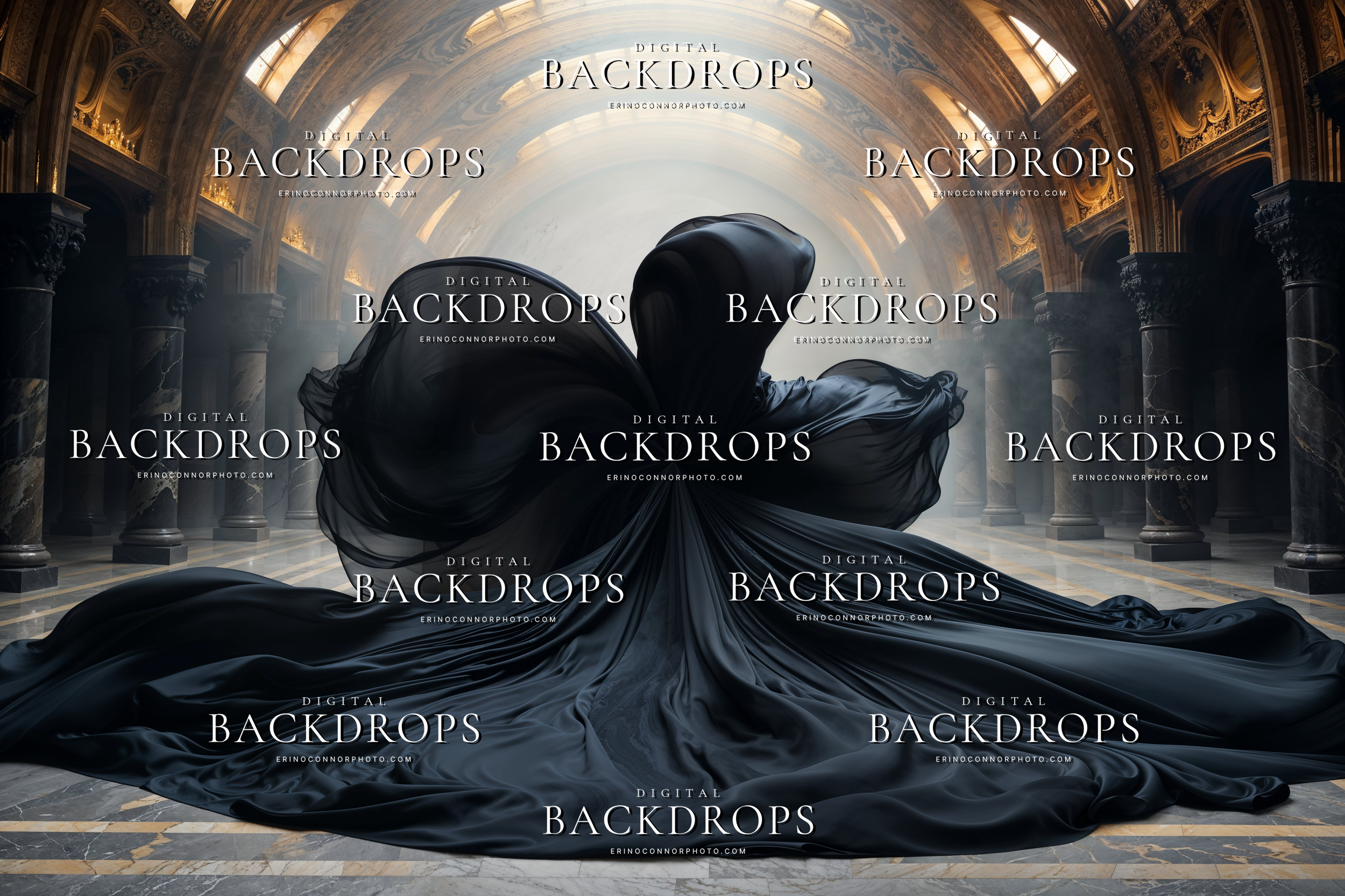 Black organza digital background with dramatic sheer fabric blooming in a dark classical hall with smoky light and architectural columns.