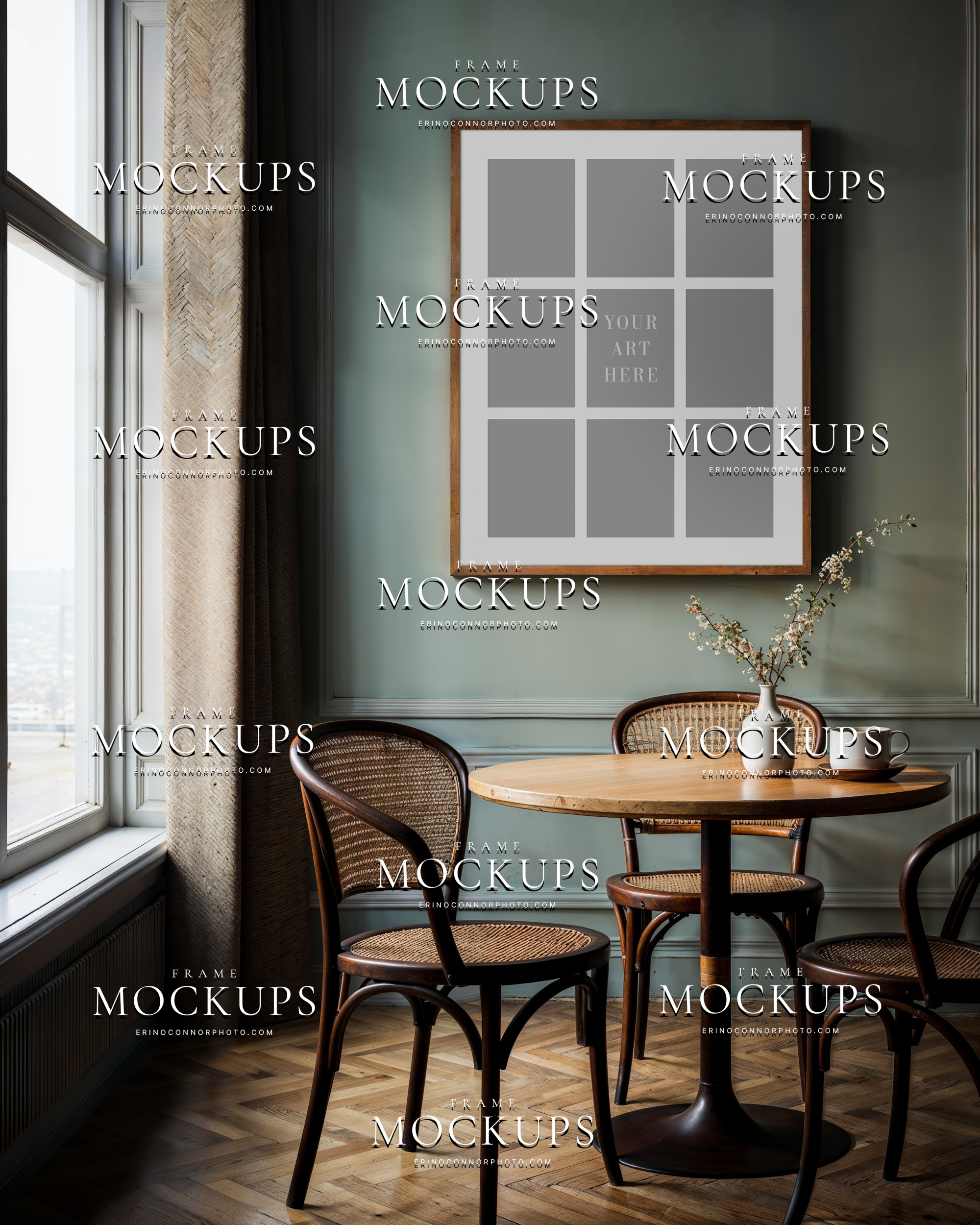 European bistro 9 image collage frame mockup above a round café table with bentwood chairs, sage wall paneling, and soft window light