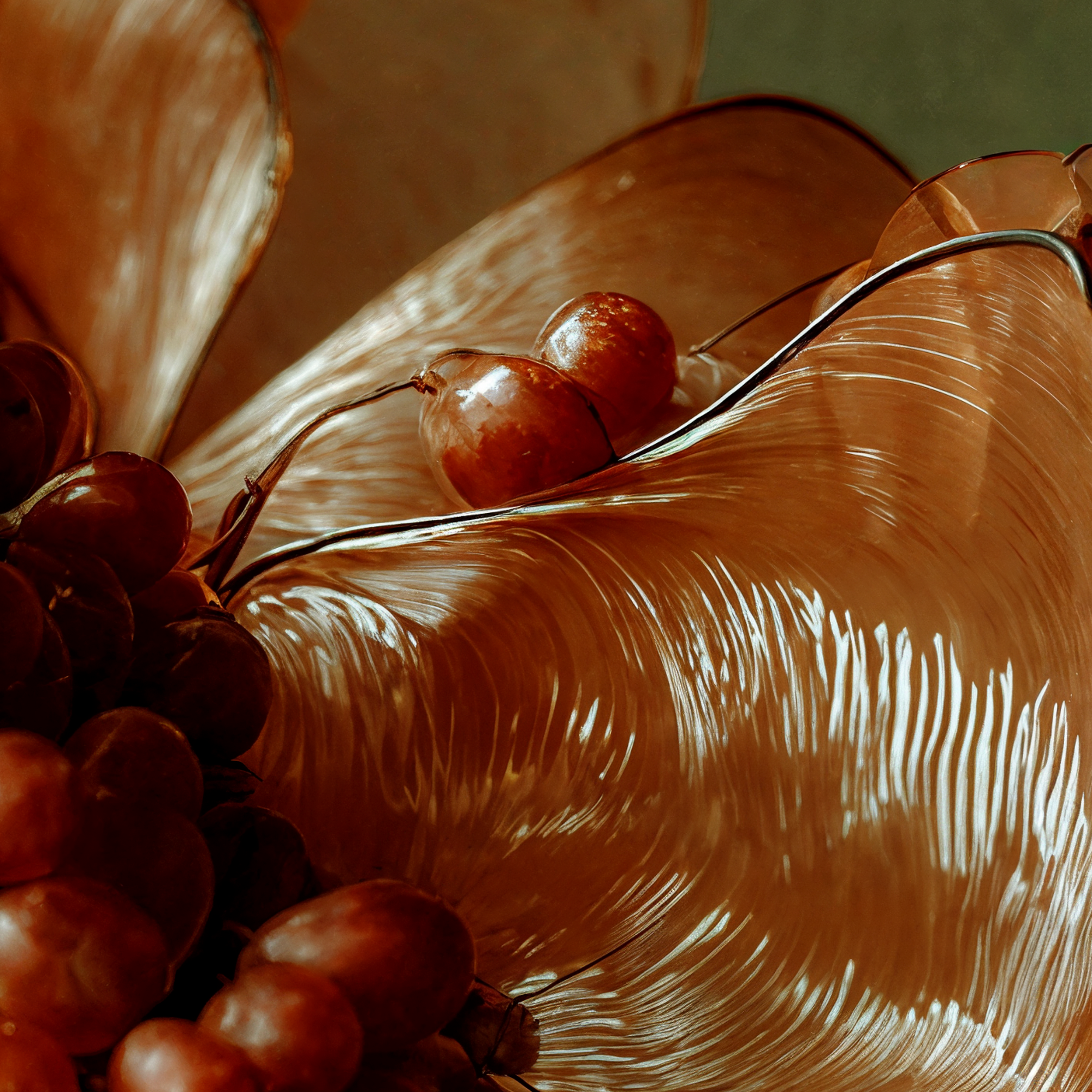 Close detail of translucent amber leaf forms rising behind the red grapes in Blythe's sculptural headdress.