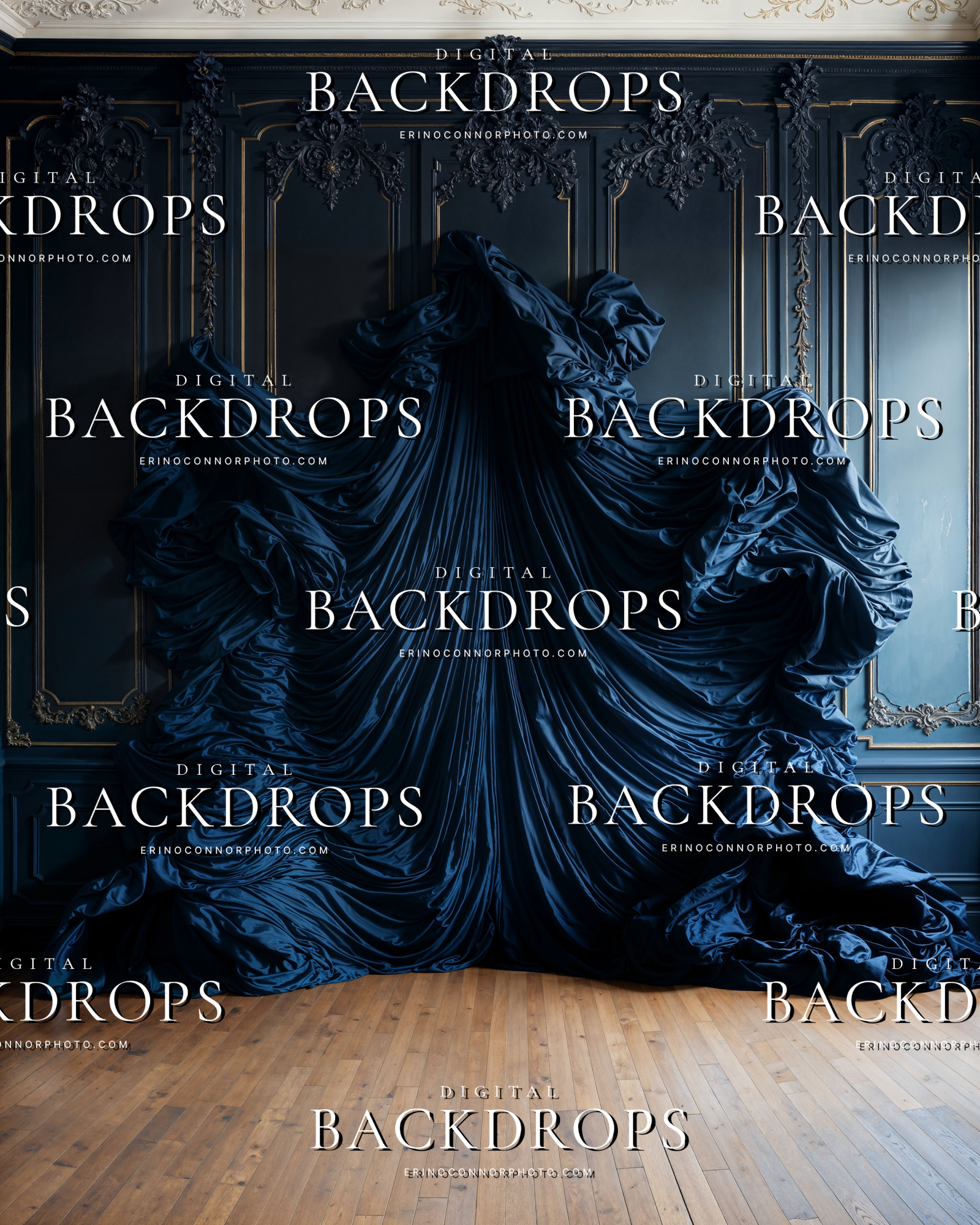 Moody navy panel room digital background with dramatic draped silk and classical wall details for luxury portrait composites.