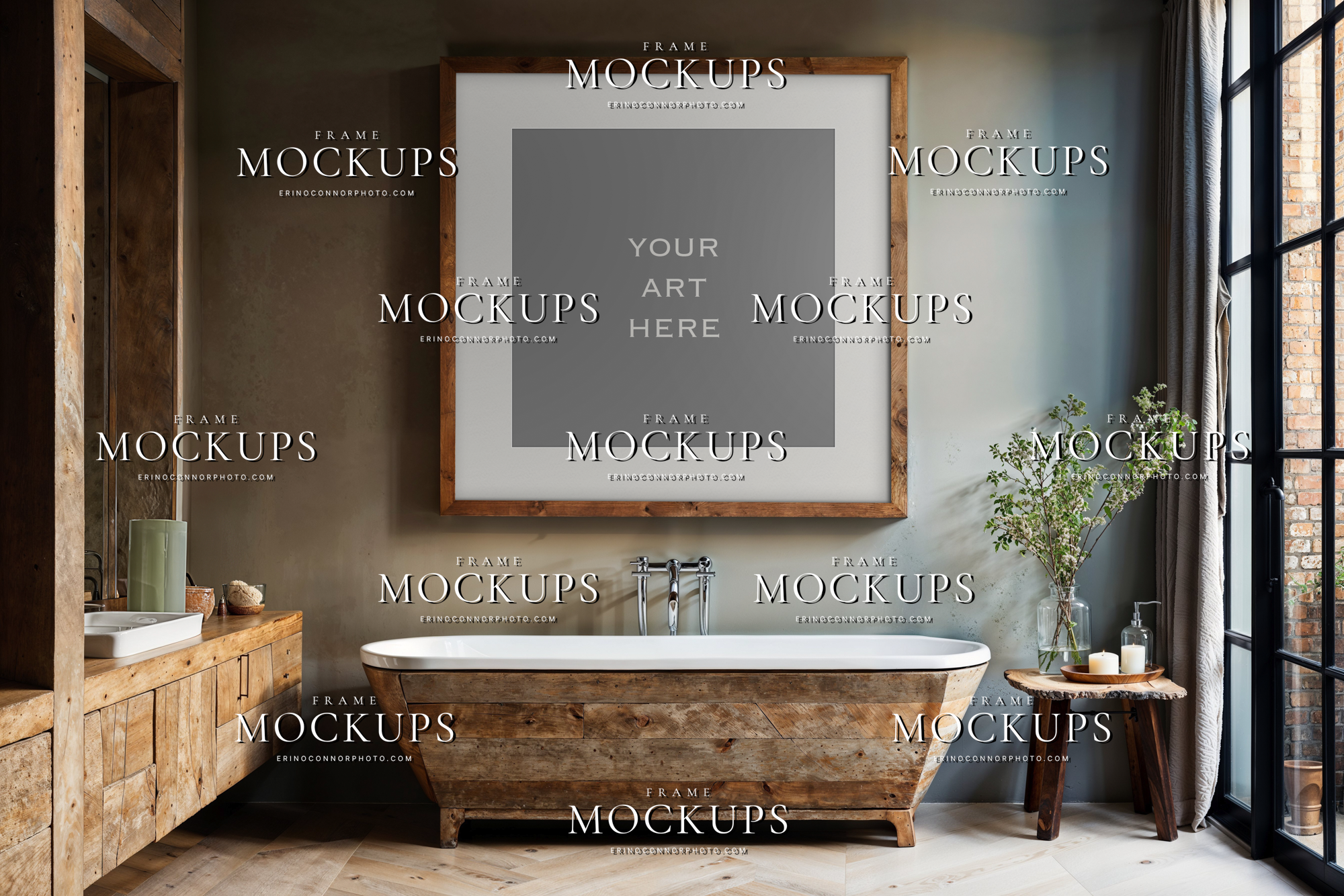 Rustic modern bathroom wall art mockup with large frame above a reclaimed wood soaking tub and soft neutral plaster wall.