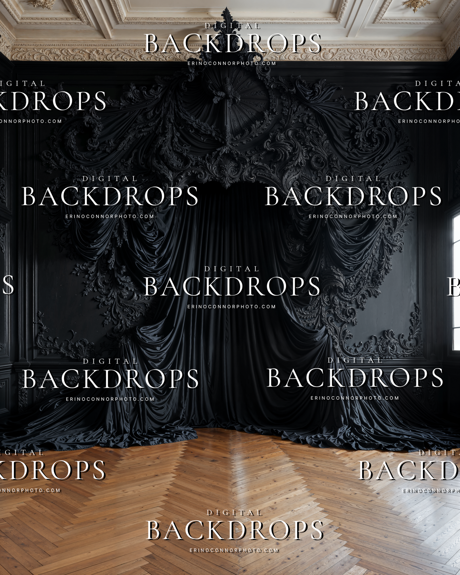 Black silk digital background with ornate carved parlor detail, heavy drapery, and dark paneled walls for dramatic portrait composites.