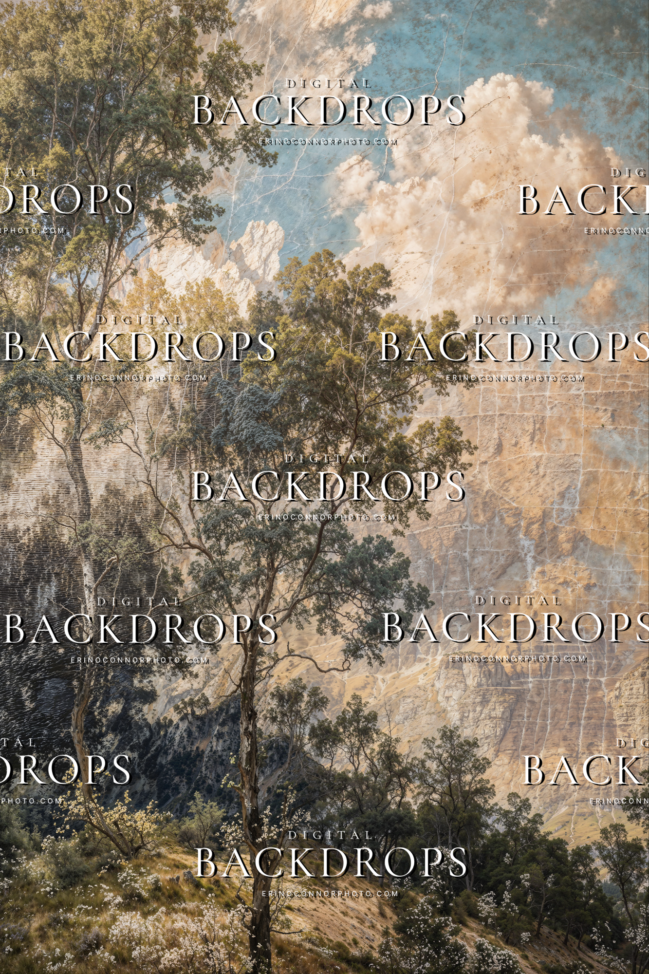 Old Masters Varnished Valleys digital background: sunlit cliff valley with tall trees and clouds, antique oil-paint look with subtle varnish texture; portrait backdrop for composites.