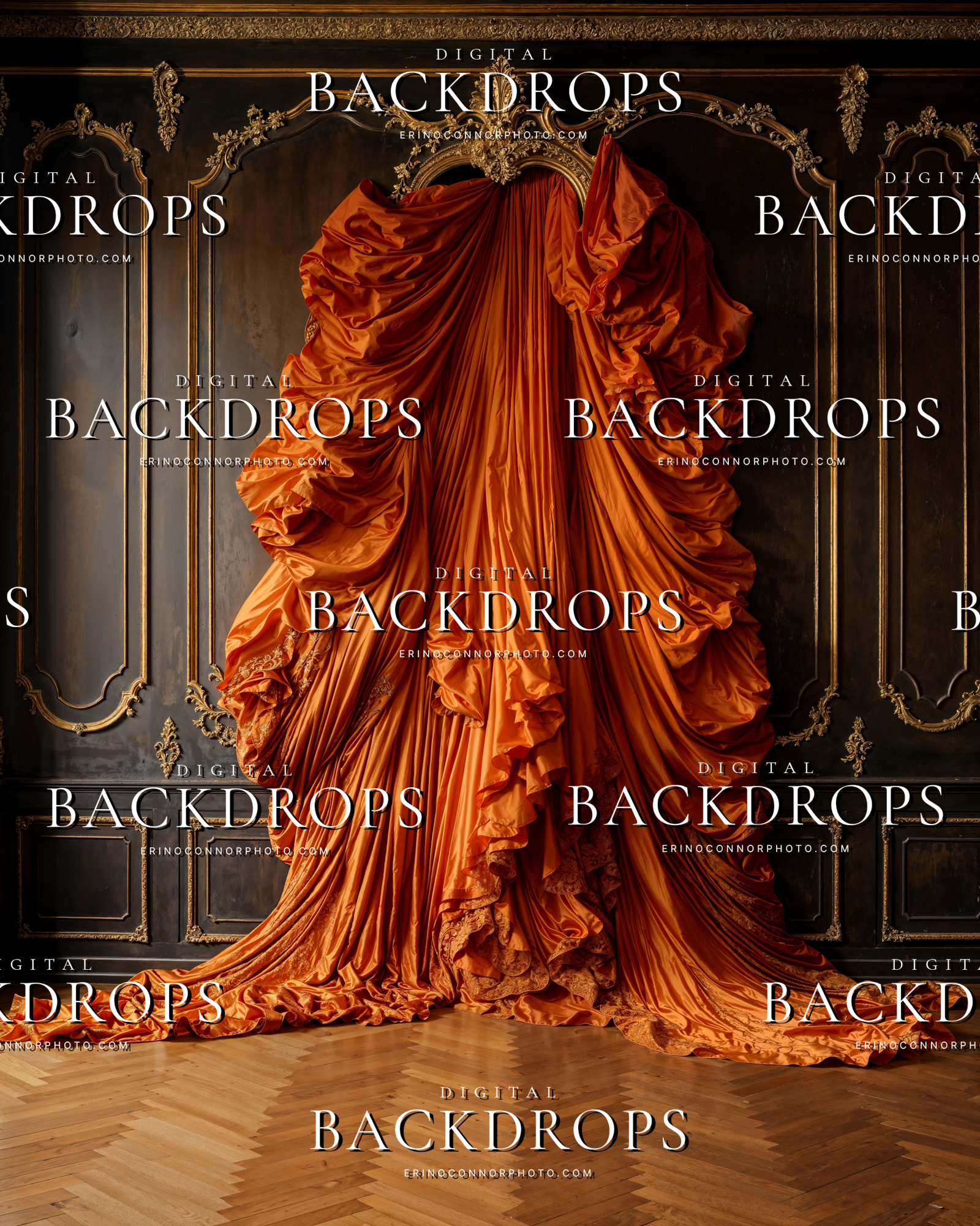 Burnt orange draped fabric digital background with antique gold trim and shadowed paneling for luxury portrait and fantasy composites.
