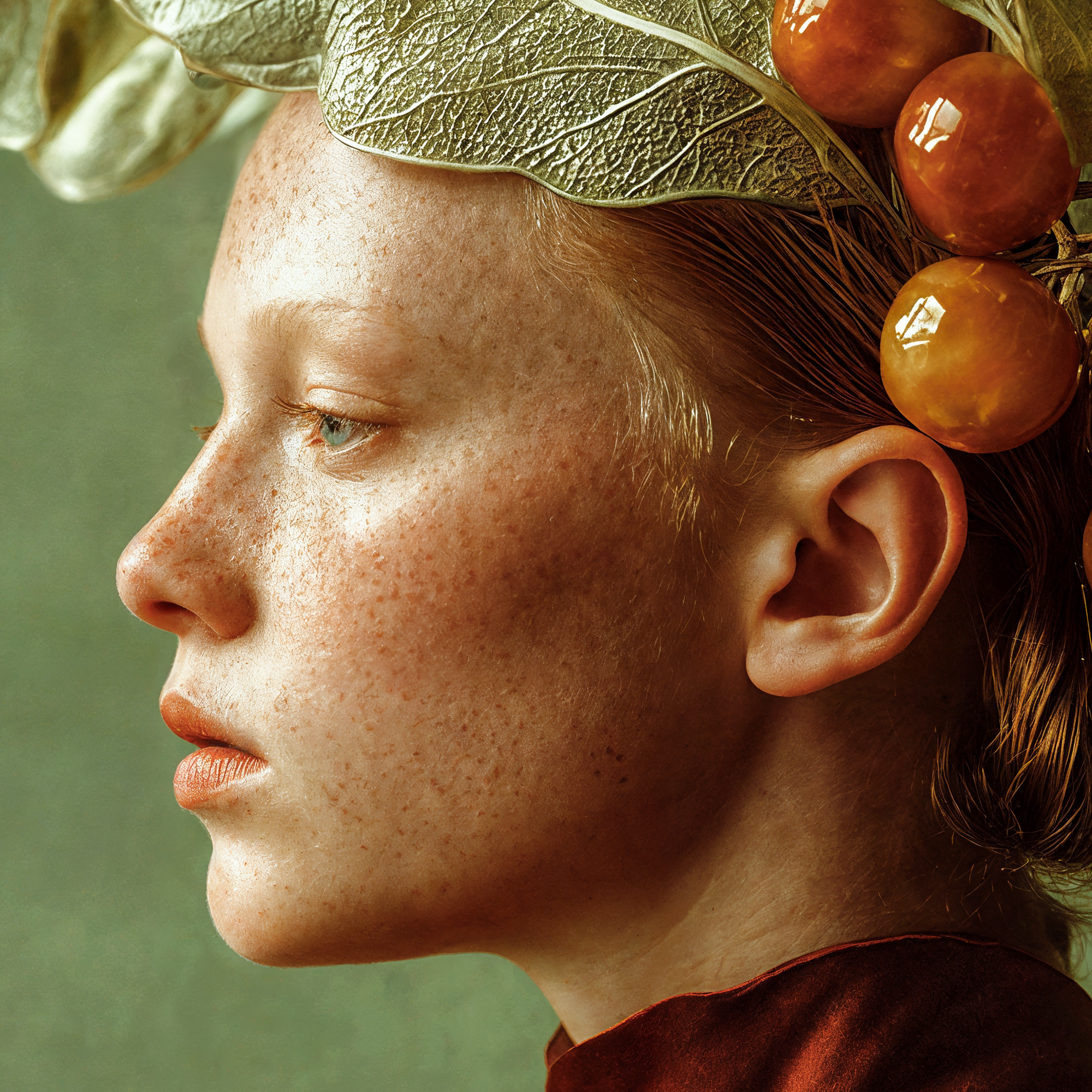 Close profile of Rowan looking beyond the frame beneath her large botanical headdress.