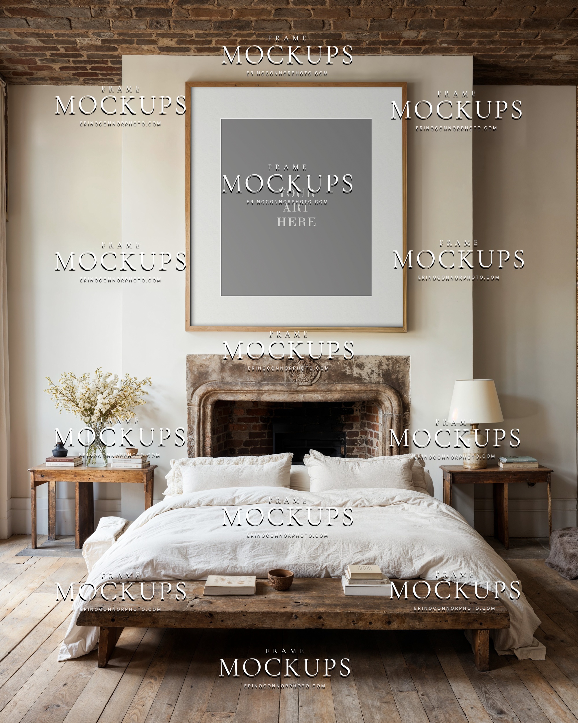 Clean organic modern wall art mockup with a large walnut frame above a white bed, layered bedding, rustic nightstands, stacked firewood, and soft natural light.