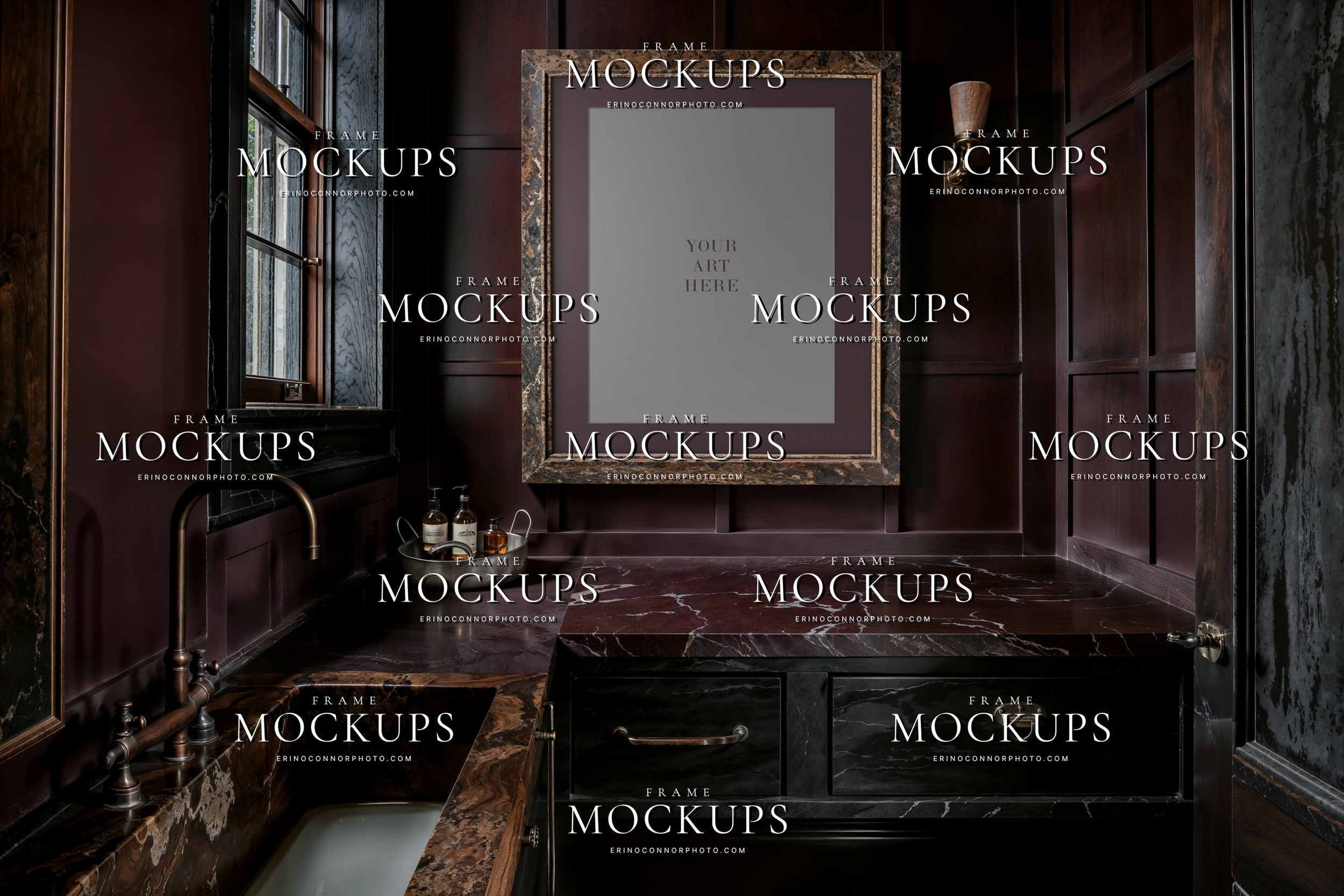 Modern traditional plum powder room wall art mockup with square ornate frame above dark marble counter, brass faucet, moody purple paneling, luxury bathroom interior display for artists.