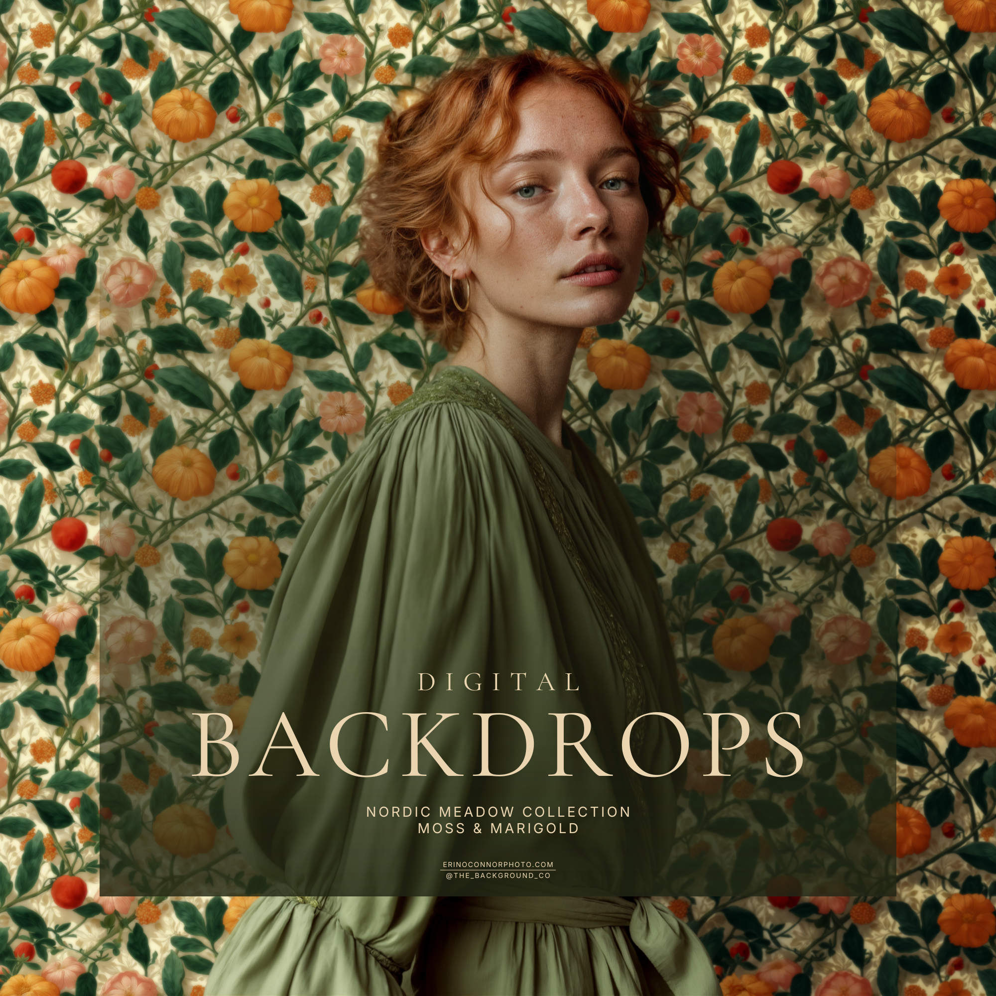 Nordic Meadow digital background promo cover, red haired woman portrait composite on pumpkin floral botanical pattern, Moss & Marigold collection, high resolution JPEG.