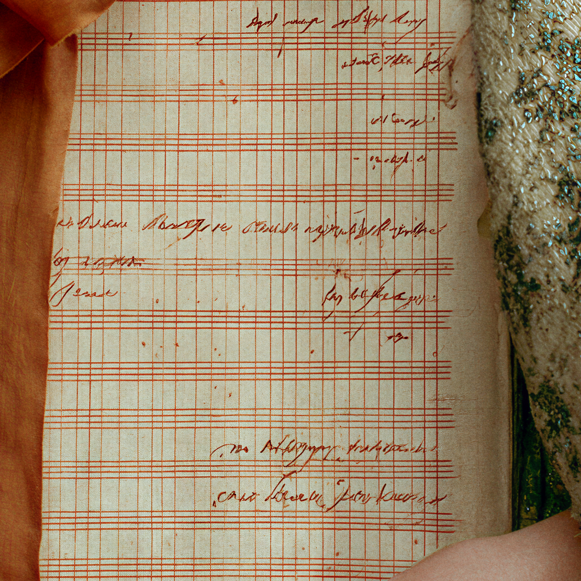 Close-up of handwritten marks and a rust-red ledger grid on aged paper from the Sidonie portrait.