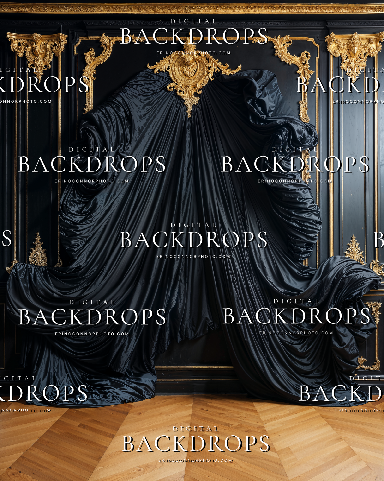 Black silk backdrop with gilded trim and sweeping gathered fabric for moody editorial, fantasy, and fine art portrait photography composites.
