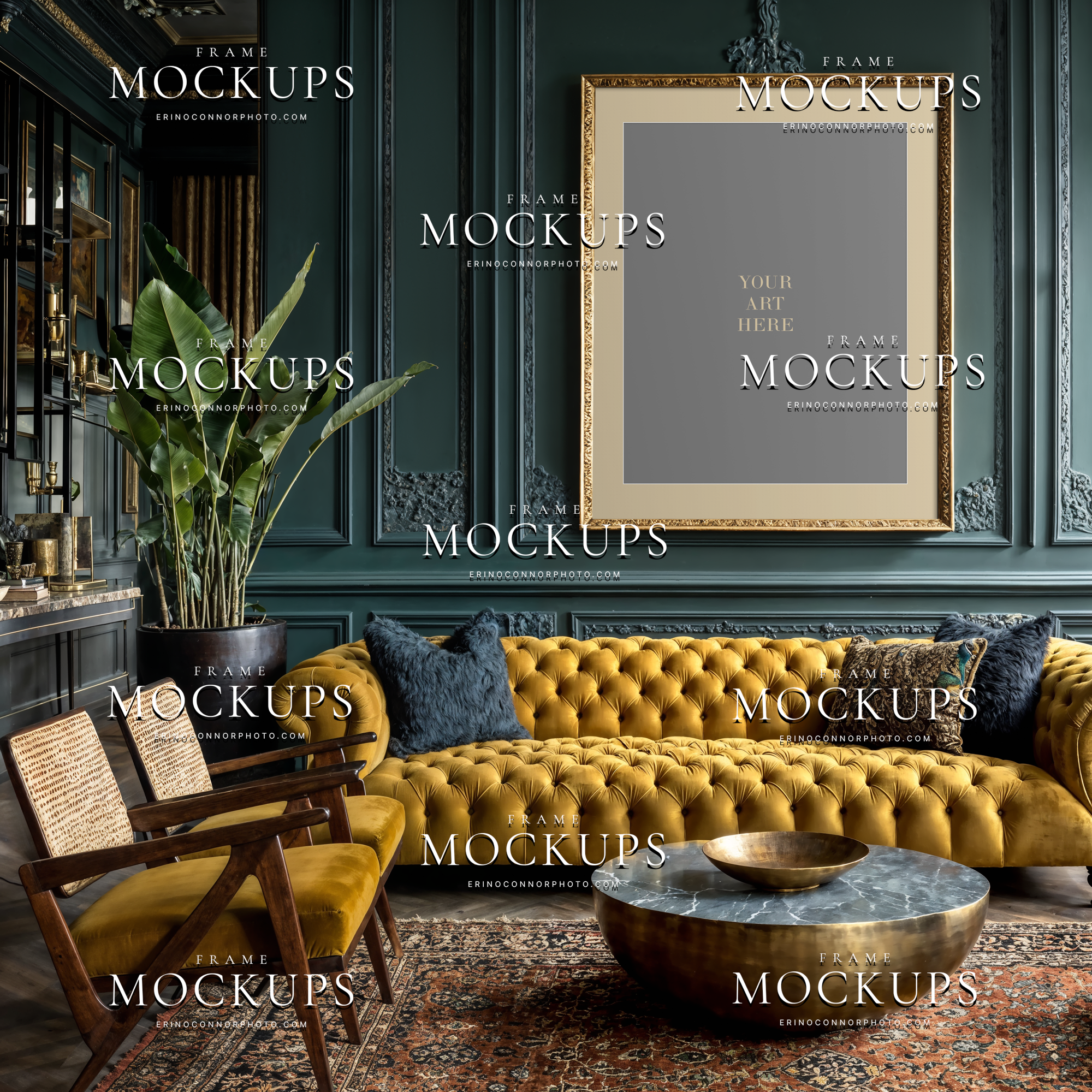 European maximalism frame mockup preview with teal walls, gilt frame, mustard seating, and styled artwork presentation for photographers and artists marketing prints.