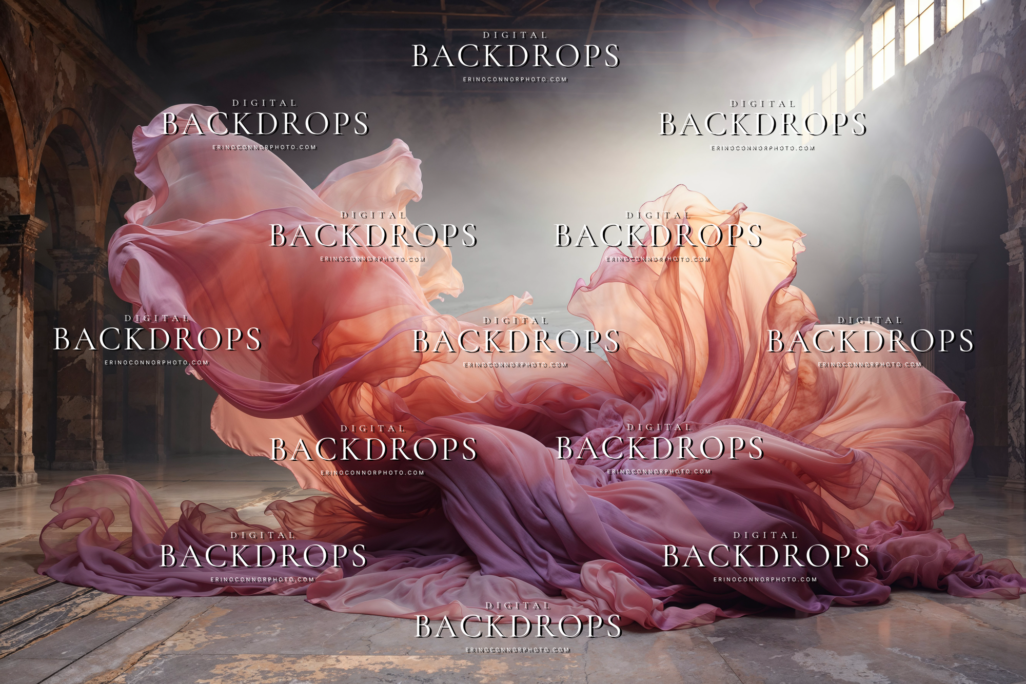 Flowing coral and orchid chiffon sweeping across a grand interior with smoky light and aged floors, digital background for maternity and fine art photography.