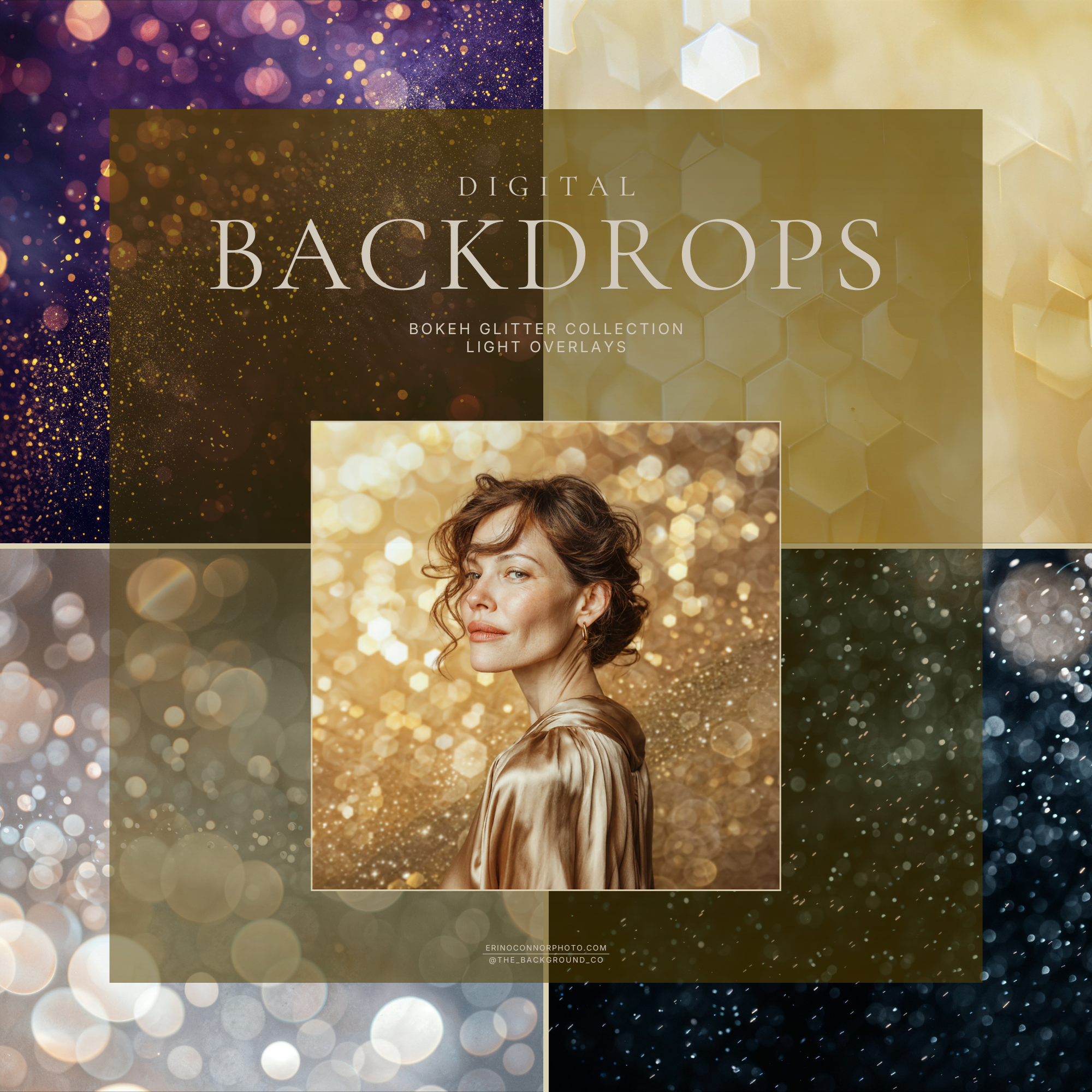 Light Overlays Bokeh Glitter cover image with gold, silver, navy, violet, and champagne sparkle digital backgrounds for portrait photographers.