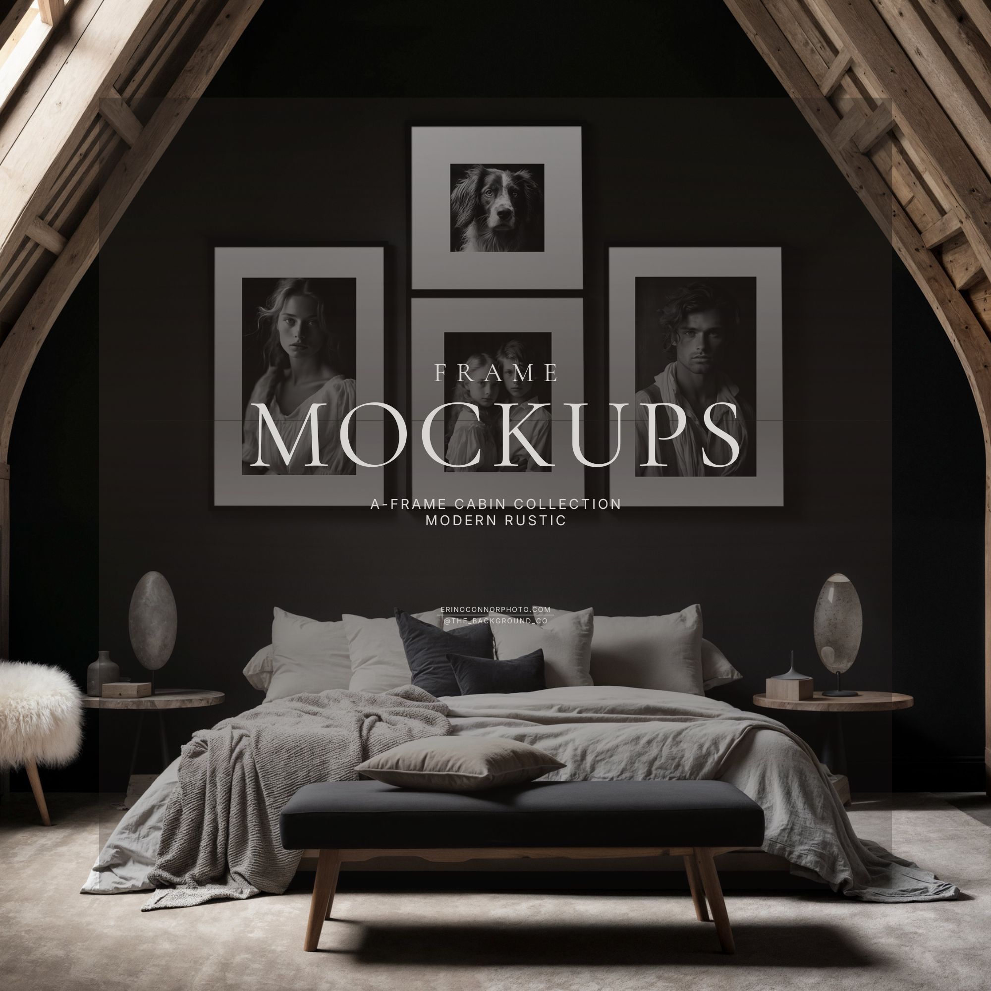 Modern rustic A frame bedroom mockup with exposed beams, black wall, bed and four framed prints gallery wall for showcasing art, photos, and posters.