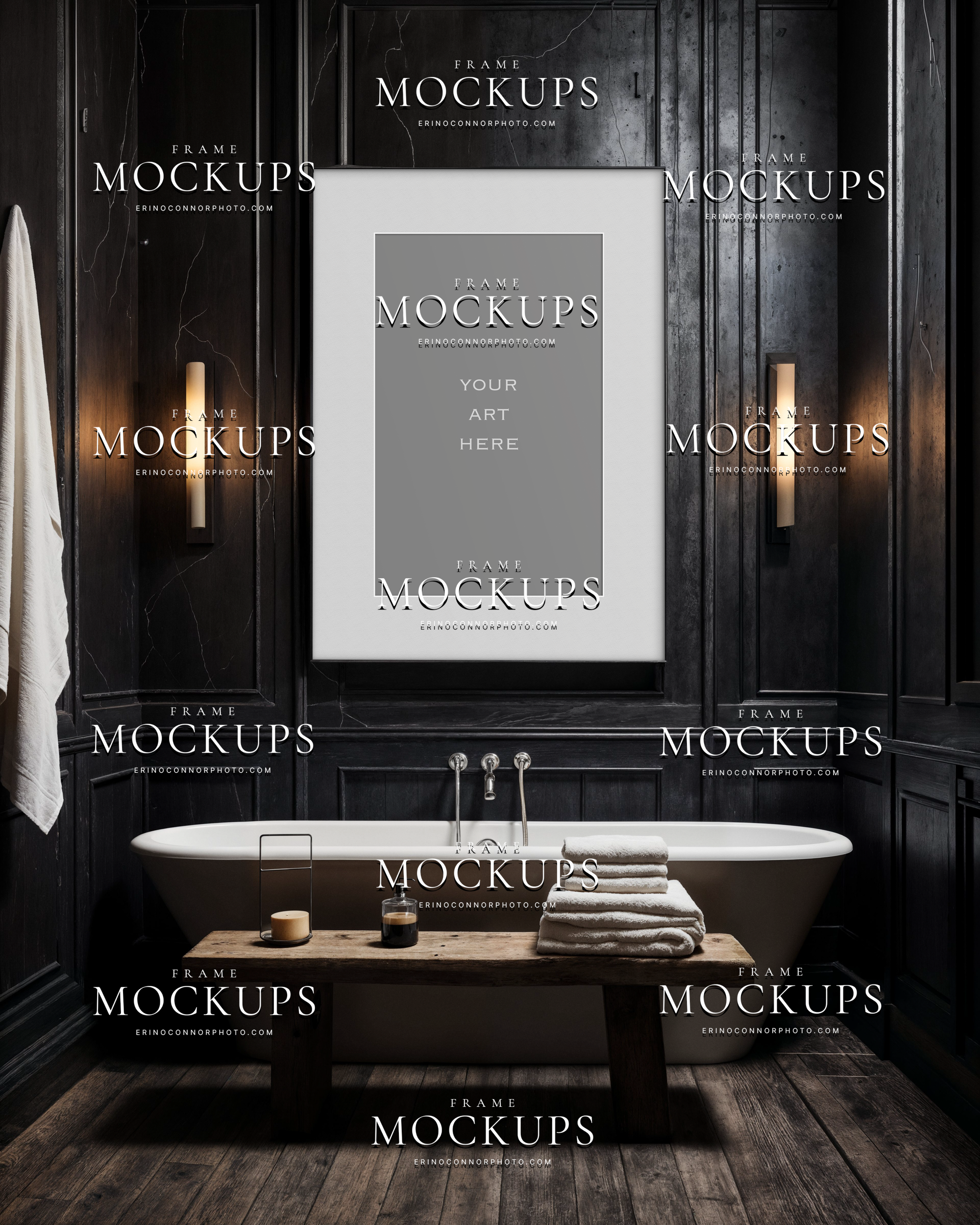 Empty vertical bathroom wall art mockup in a rustic modern cabin with black paneled walls, freestanding tub, warm sconces, wood bench, and moody spa styling
