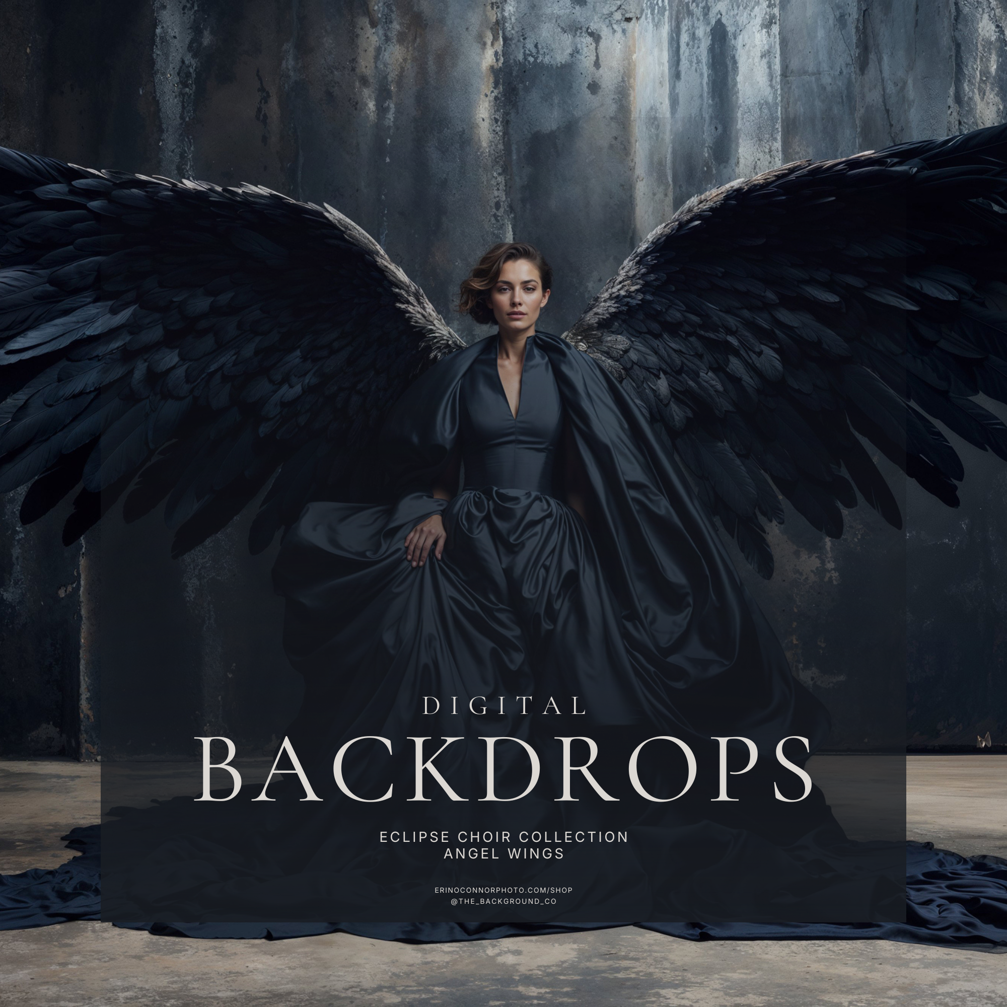 Angel Wings Eclipse Choir digital backdrops showing a maternity composite inside black feather angel wings on a dark studio background.