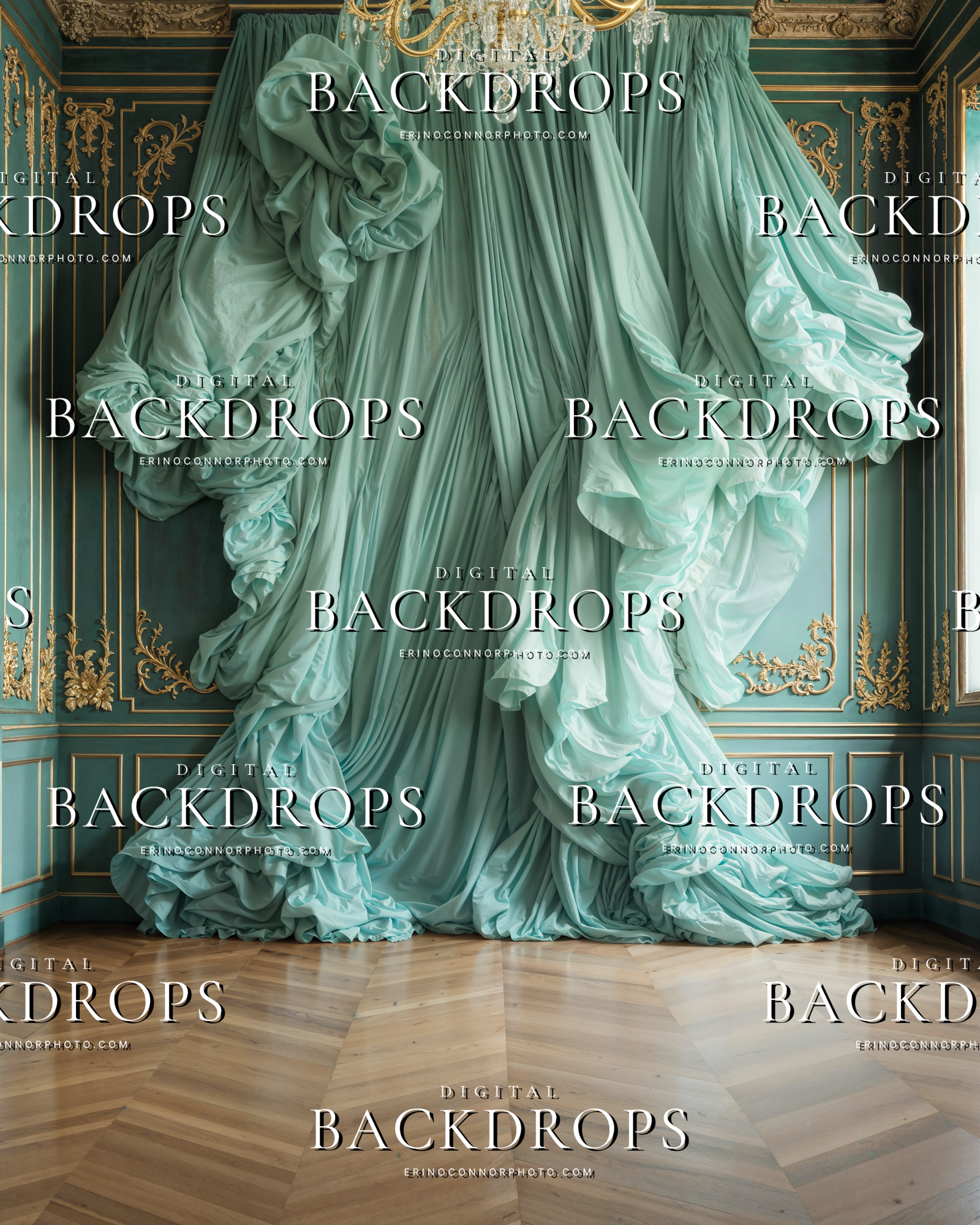 Ornate mint and gold digital background with draped silk curtains, ruffled fabric, Rococo wall panels, and studio floor space.