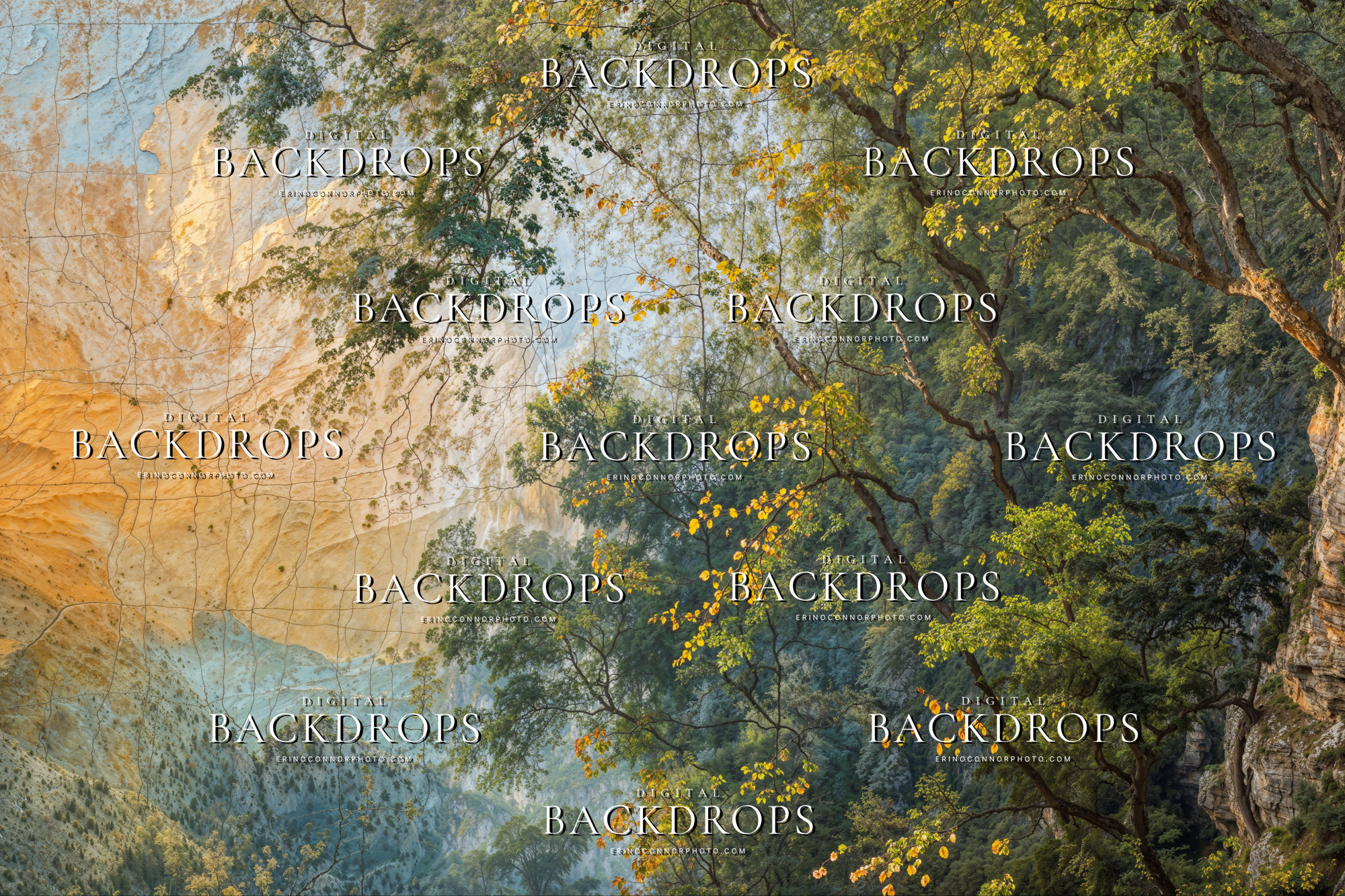 Old Masters Landscapes Varnished Valleys digital background 7, forest gorge and distant cliffs, soft blue haze and warm light, painterly landscape photo backdrop.