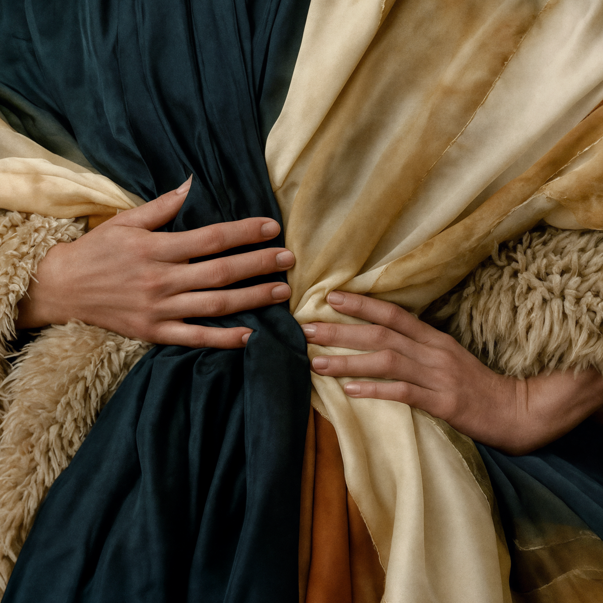 Close detail of Simone’s hands arranging the layered historic textile across her body.