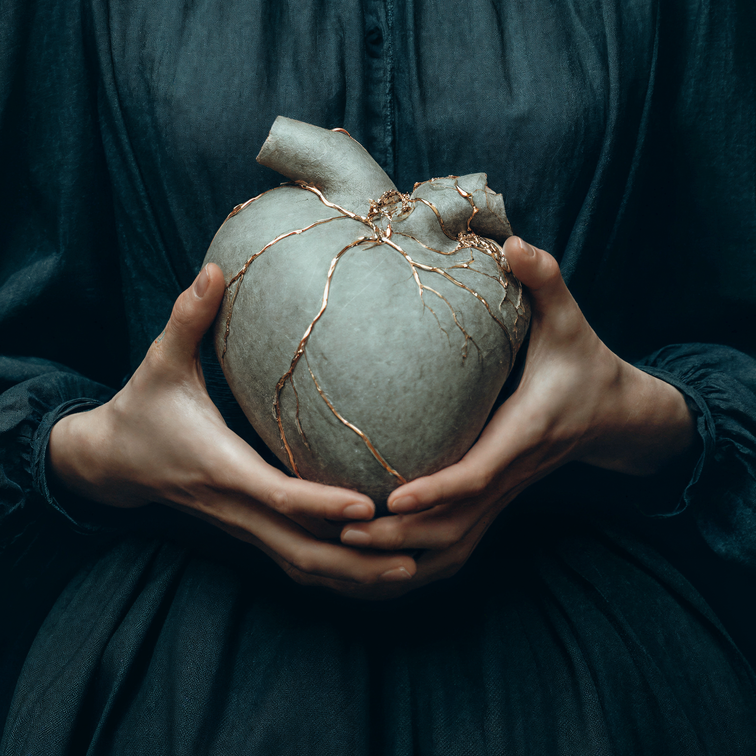 Close detail of the pale symbolic heart held by Sable, showing its incomplete form and visible metallic repairs.