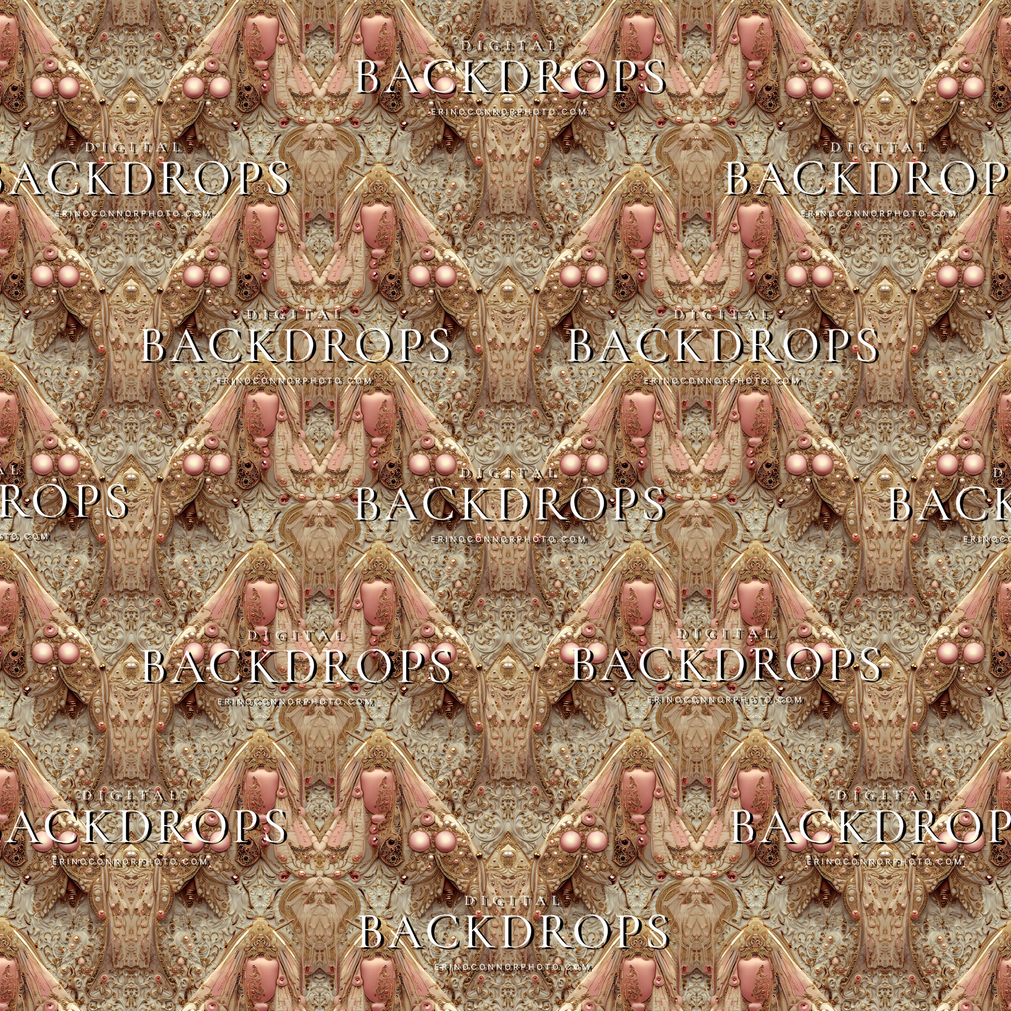 Jeweled Scarab Mauve Treasury tile, wide zoom repeating scarab damask wallpaper, mauve and rose gold ornament on pearl, seamless 6000x6000 JPEG for design and portraits.