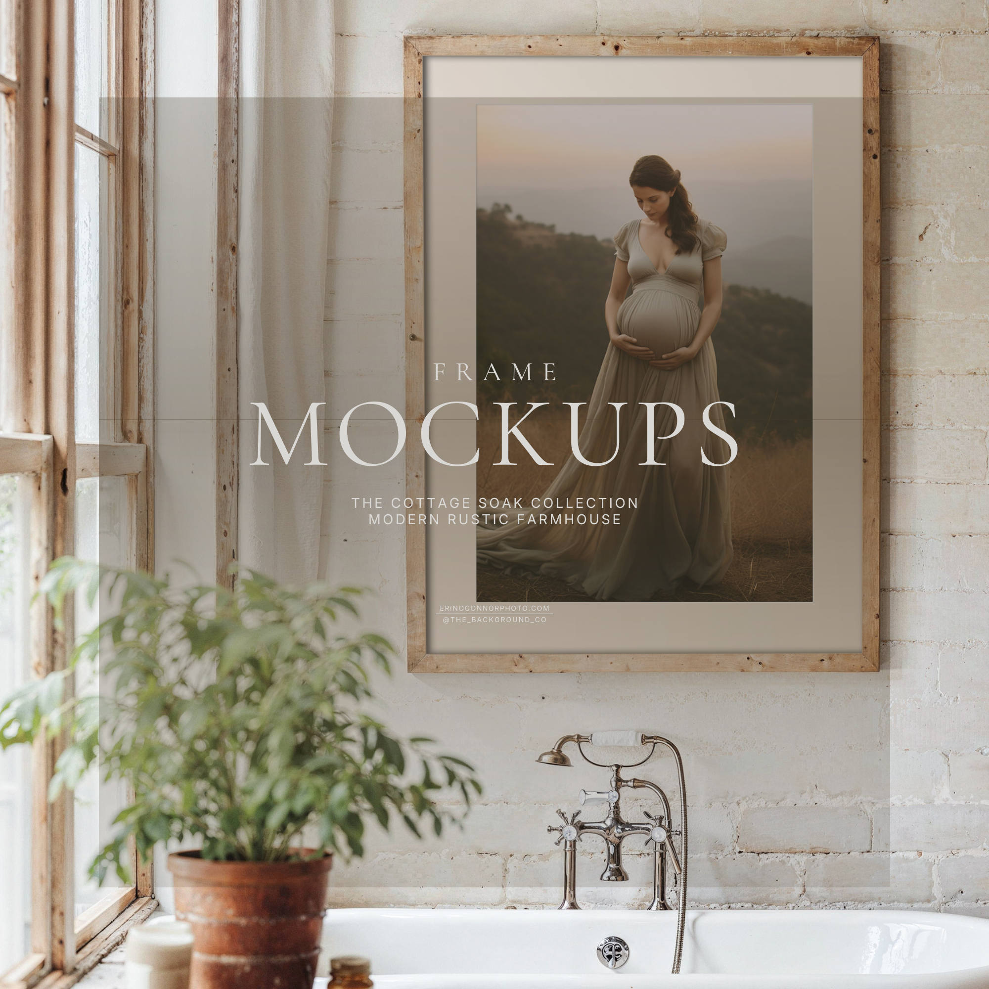 Cottage farmhouse bathroom frame mockup above vintage clawfoot tub, light wood frame on white brick wall by tall window, rustic stool and plant, airy neutral spa styling