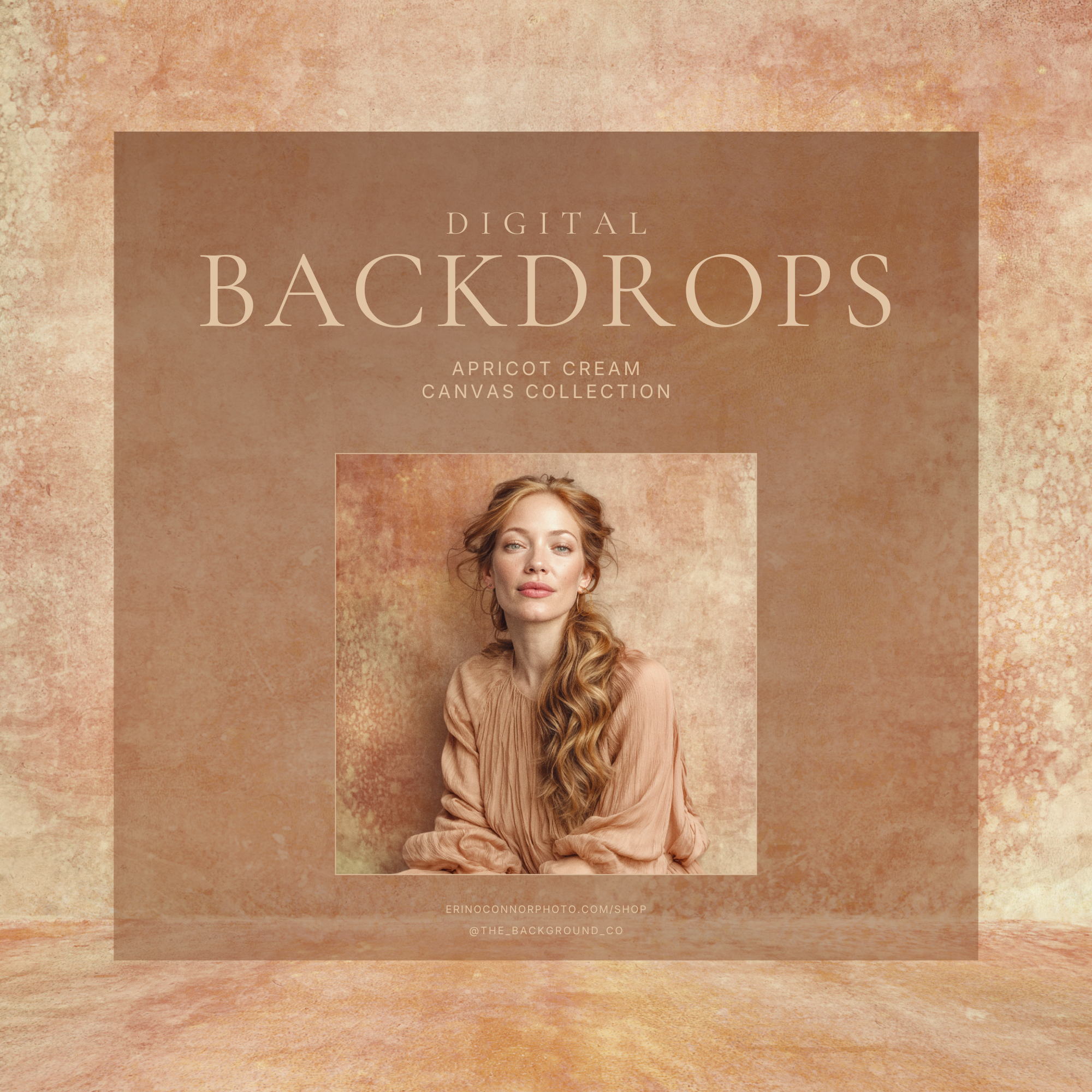 Apricot Cream canvas digital backdrop product cover with warm peach texture and portrait sample for photographers and digital artists.