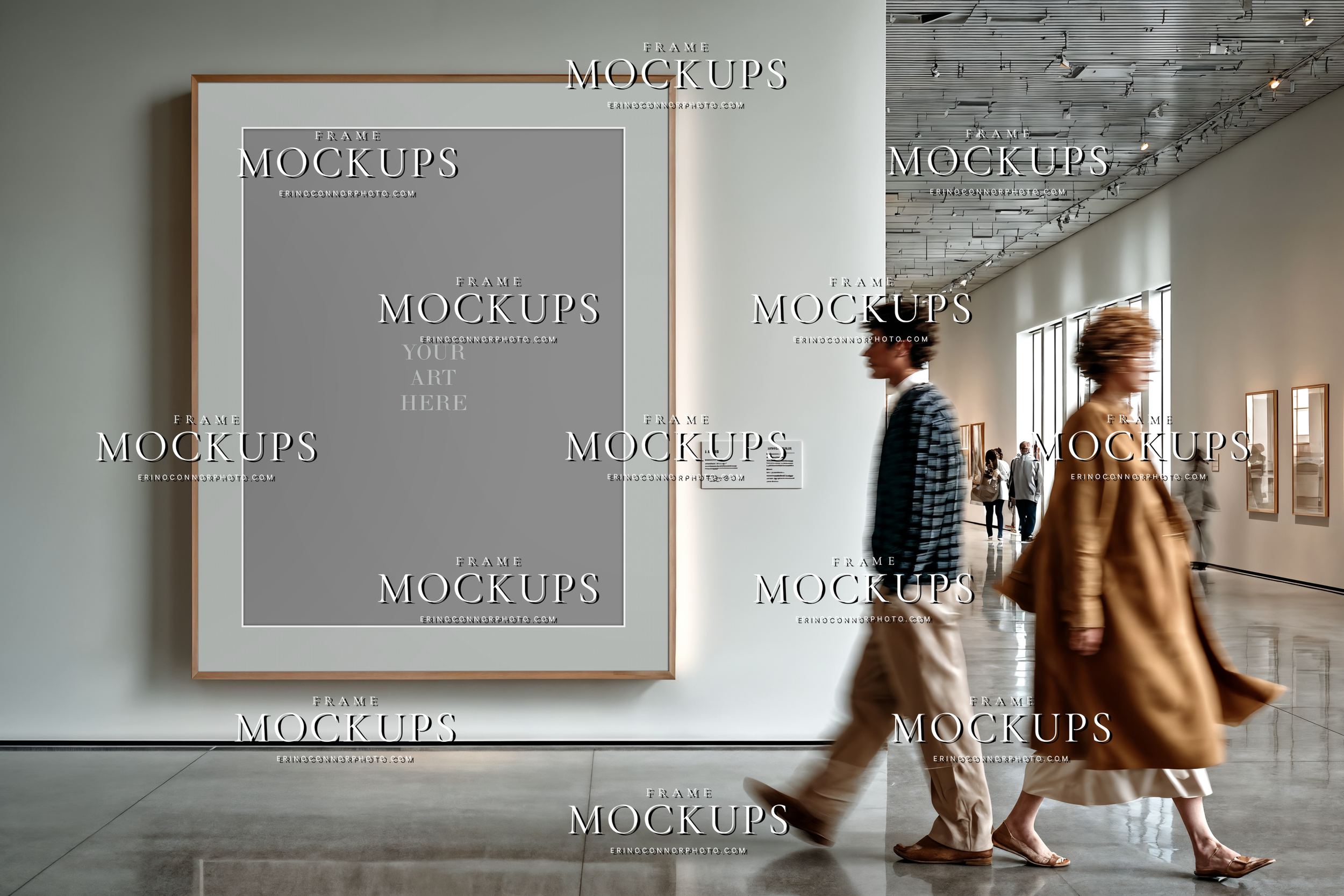 Minimalist gallery wall mockup with large vertical frame, polished concrete and marble surfaces, and museum visitors in motion for photographers and artists presenting prints.