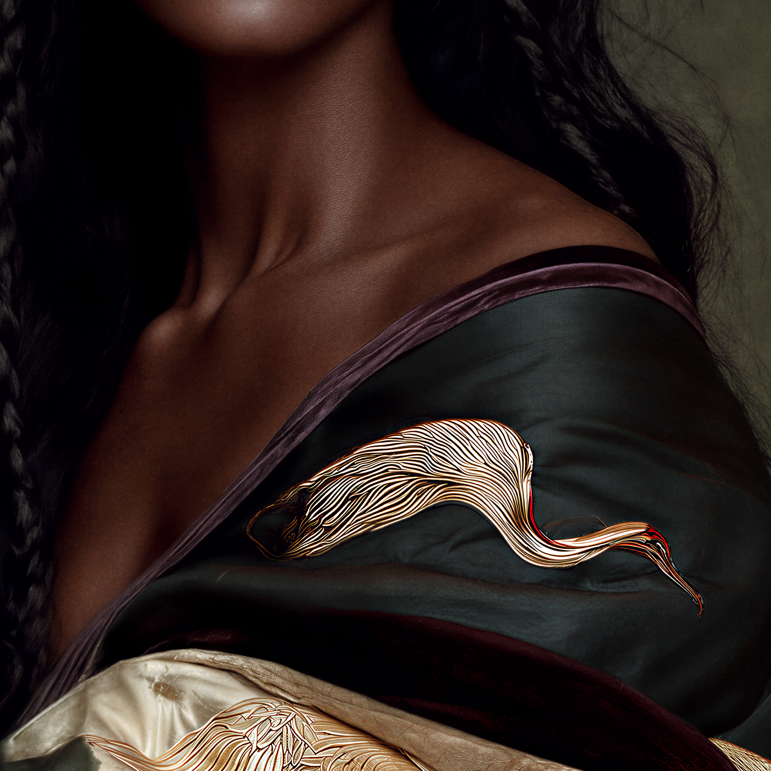Close detail of Zuri's exposed shoulder framed by long dark hair and the folds of her green garment.