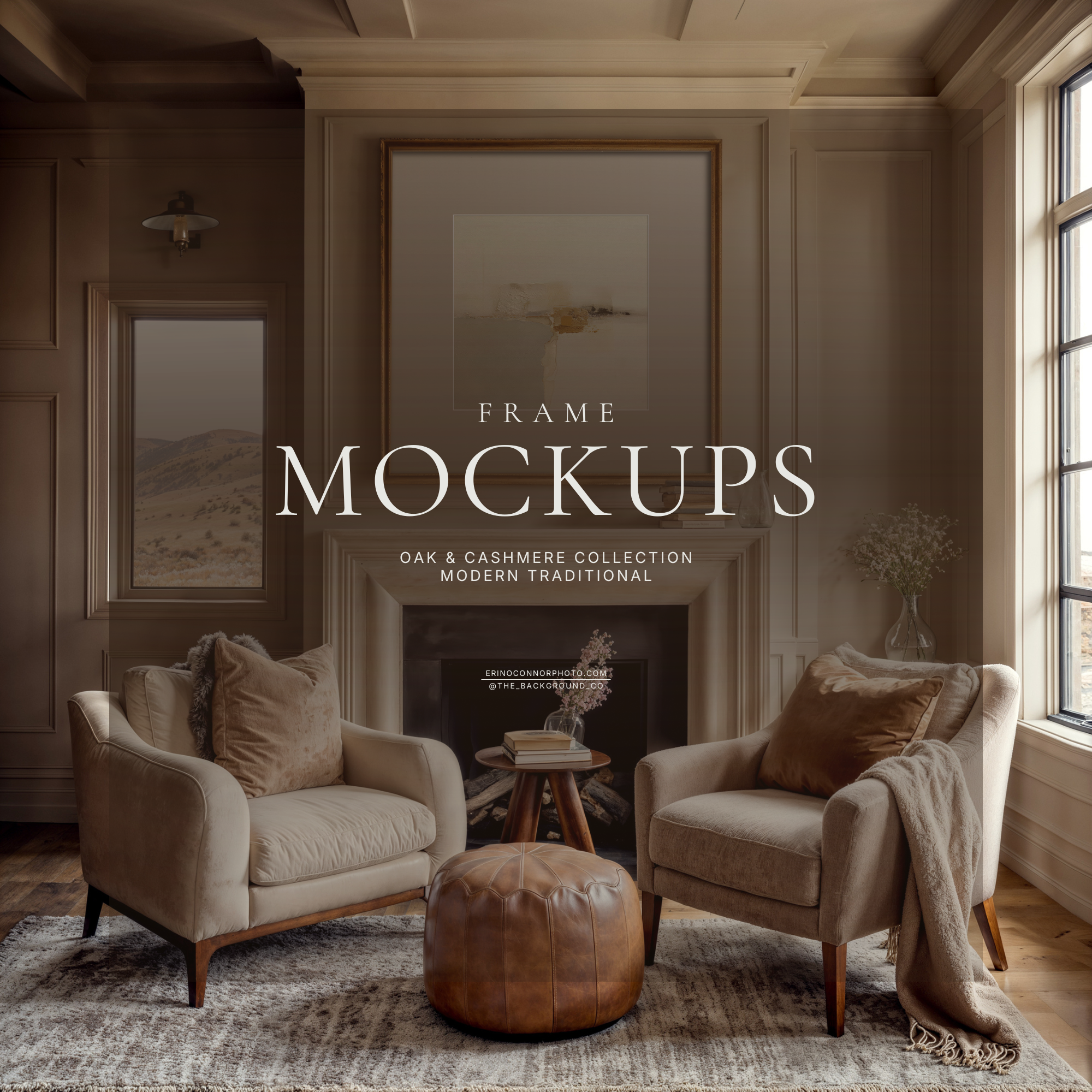 Modern traditional living room mockup with warm taupe paneled walls, fireplace, two linen chairs, leather pouf, and a large square gold frame with wide white matte for wall art display.