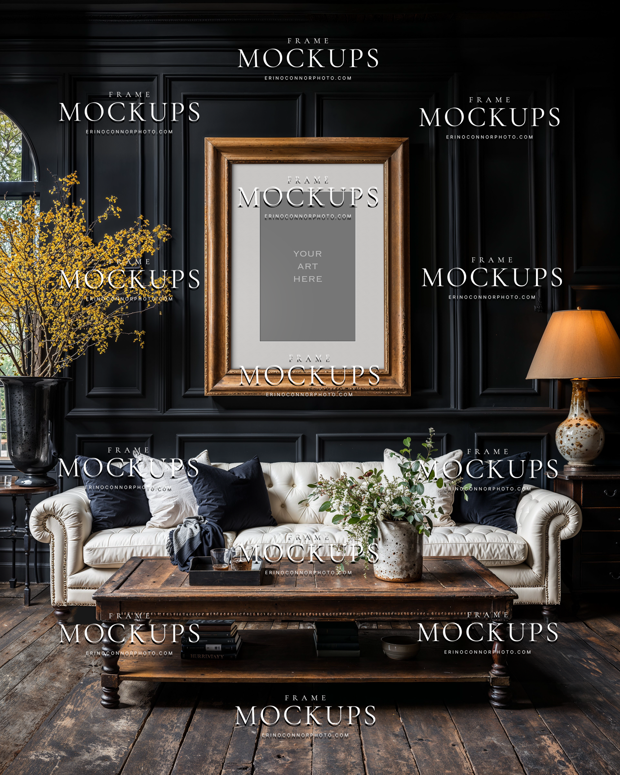 English Revival wall art mockup with arched windows, black paneled walls, vintage wood frame, and cream sofa for photographers and artists presenting fine art prints.