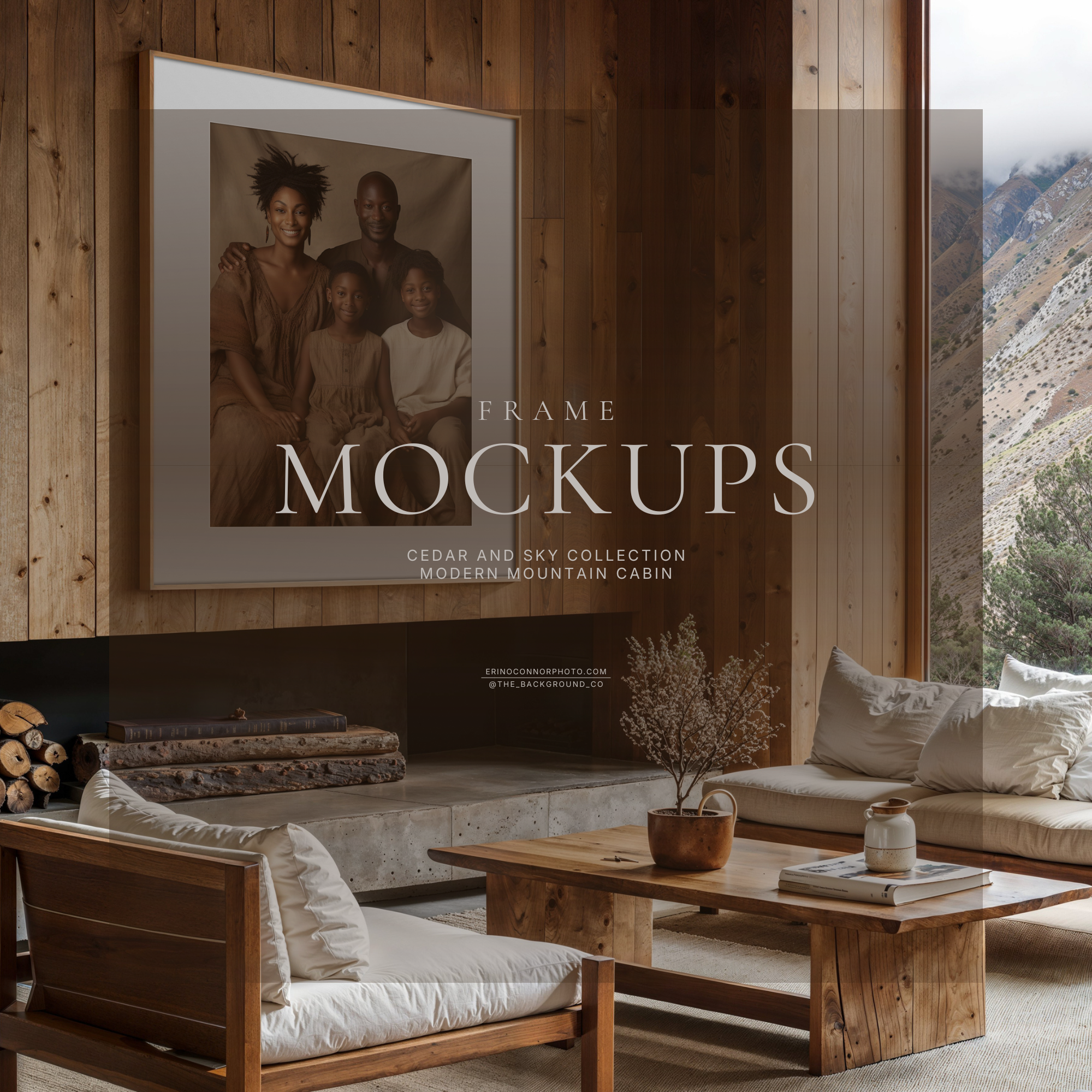 Rustic modern mountain cabin frame mockup with a large matted portrait frame above a minimalist fireplace hearth, warm wood walls and ceiling, lounge seating, and a tall window with mountain view.