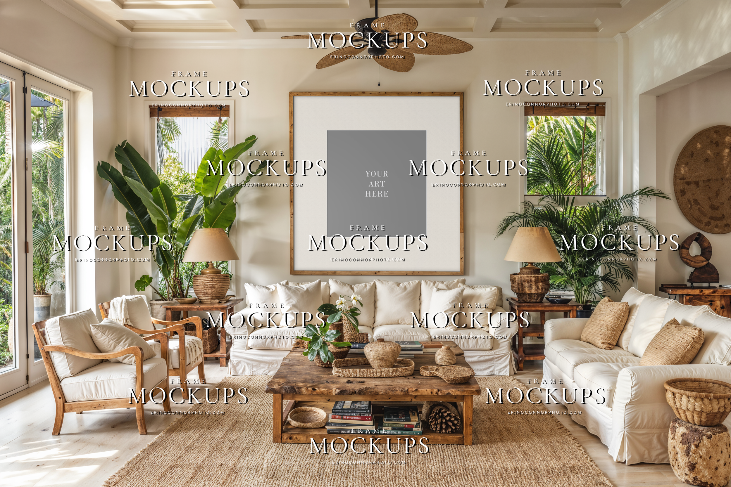 tropical coastal mockup with empty vertical frame above cream seating, palm plants, woven decor, and warm natural light in a relaxed living room