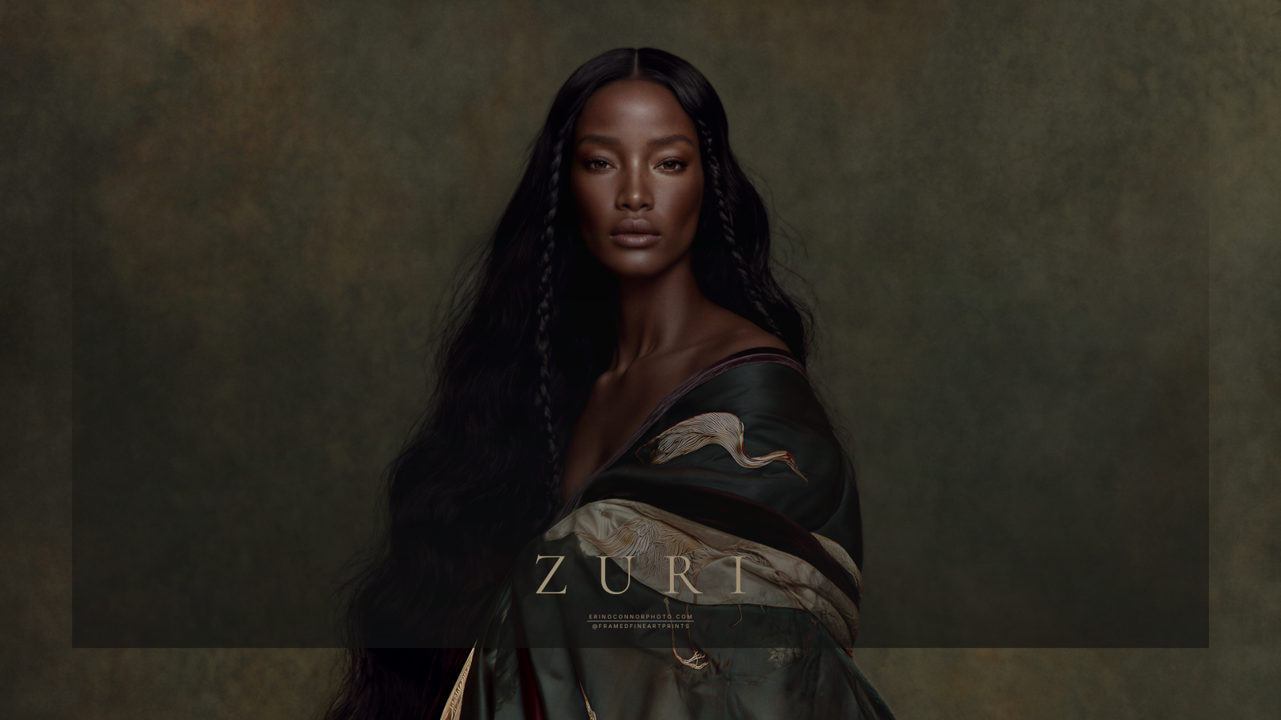 Zuri surrounded by a layered deep green garment with embroidered cranes shown in different positions of movement.