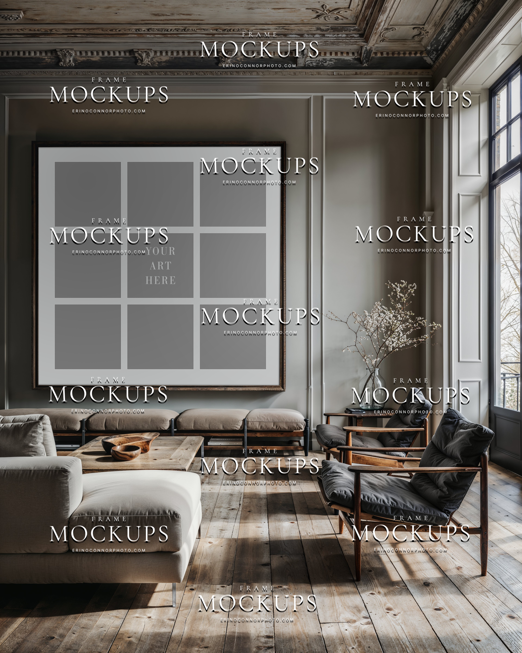 Transitional European living room 9 image collage frame mockup with paneled walls, wood floors, bench seating, and sculptural lounge chairs