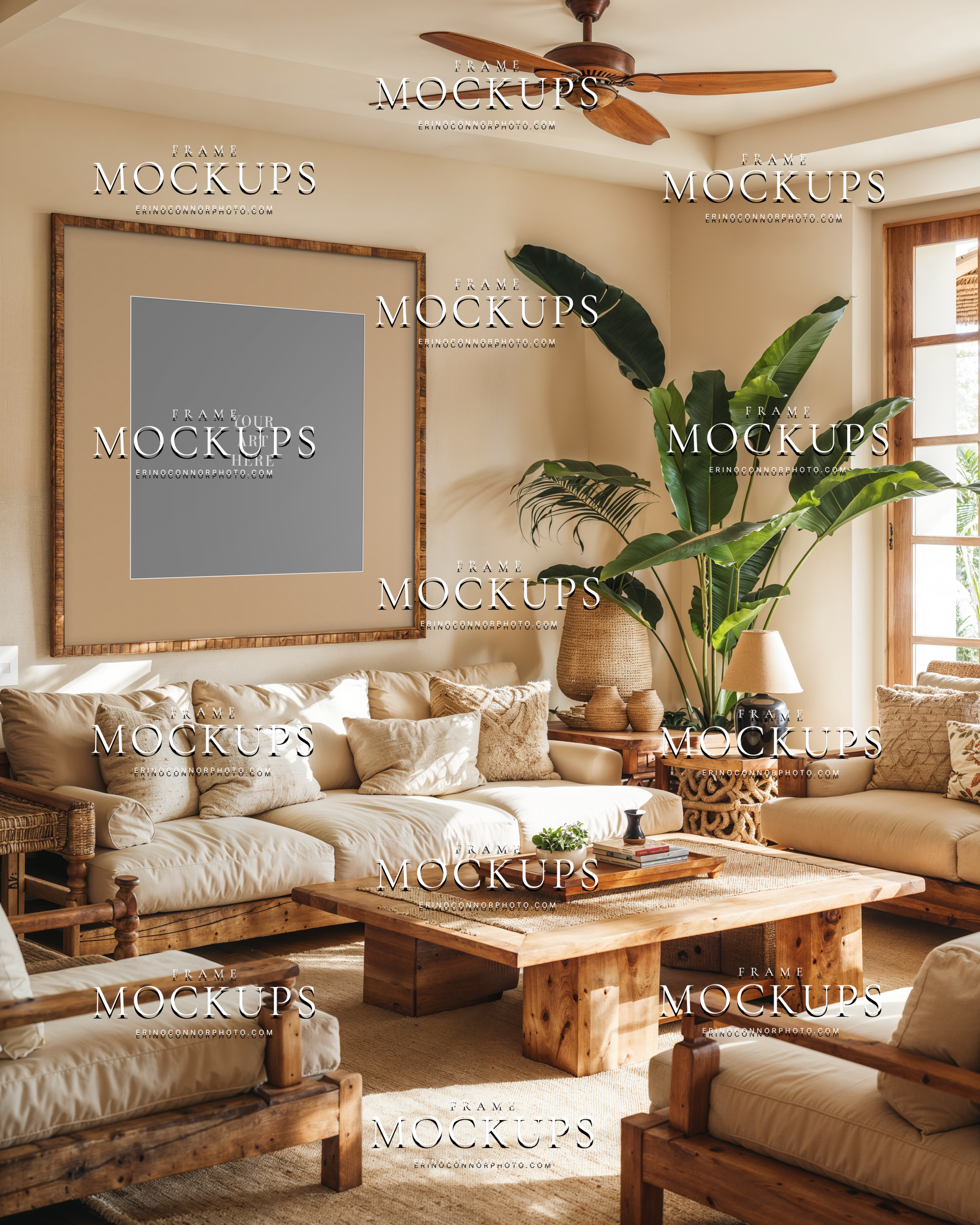 tropical coastal interior mockup with empty square frame above white sofa, tropical greenery, rattan accents, and sunlit coastal living room styling