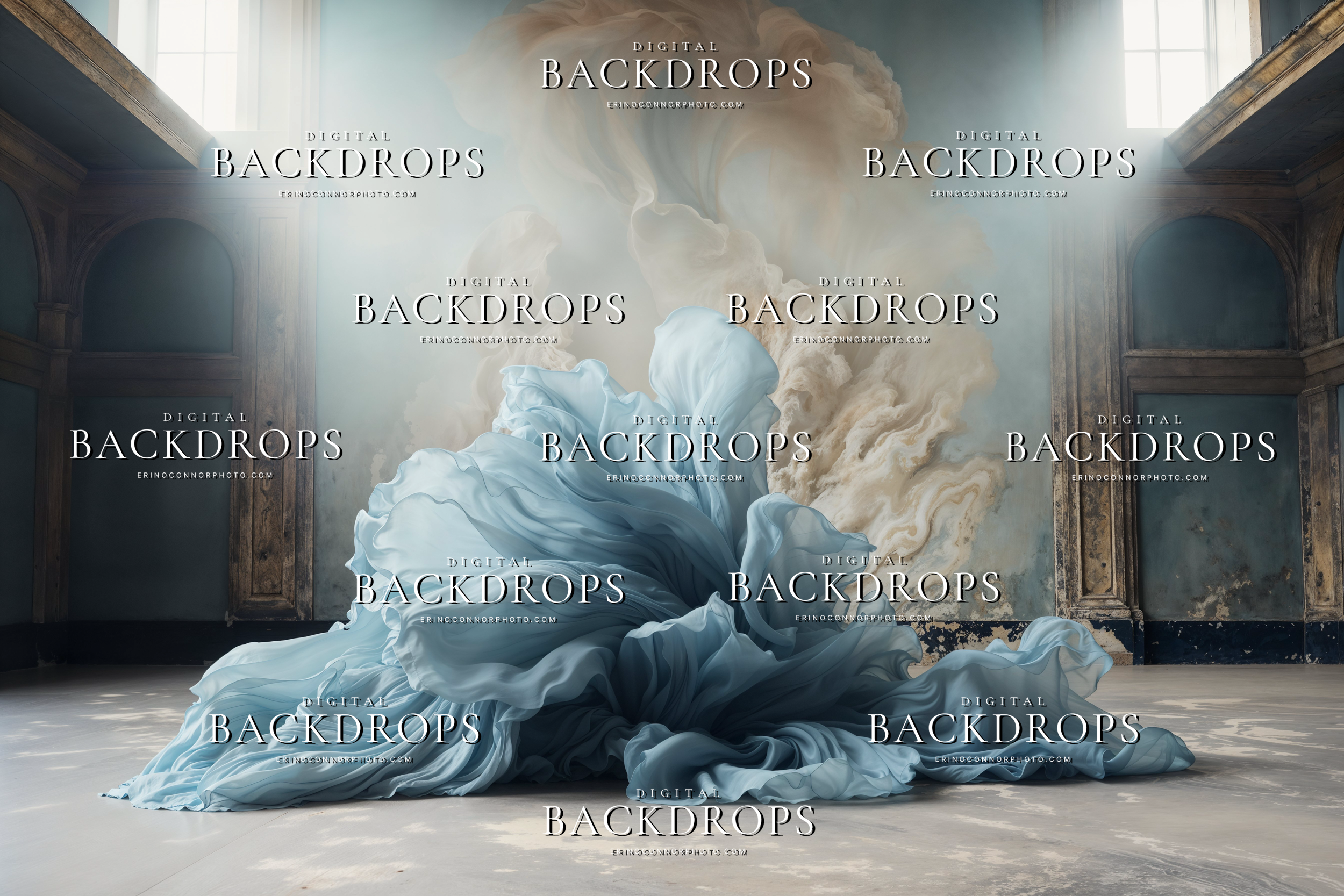 Icy blue chiffon swirling across the floor of a moody architectural room with soft light and painterly smoke, digital background for portrait composites.