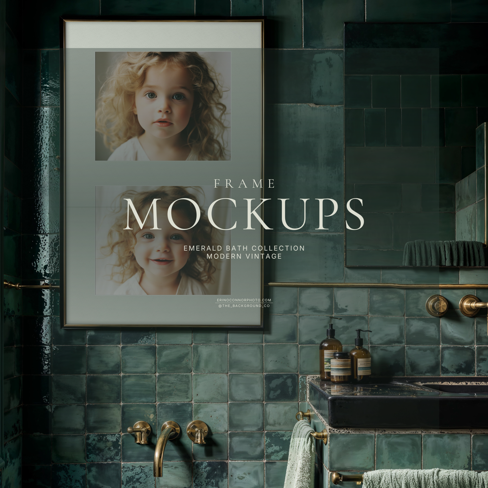 Modern vintage emerald tile bathroom frame mockup with brass fixtures, sink and mirror, framed wall art above tub, realistic print display for photographers and artists.