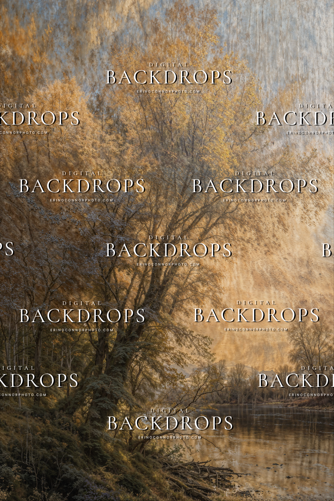 Old Masters Landscapes Varnished Valleys digital background 3, riverbank with golden trees and mist, oil paint look and aged canvas texture for fine art edits.