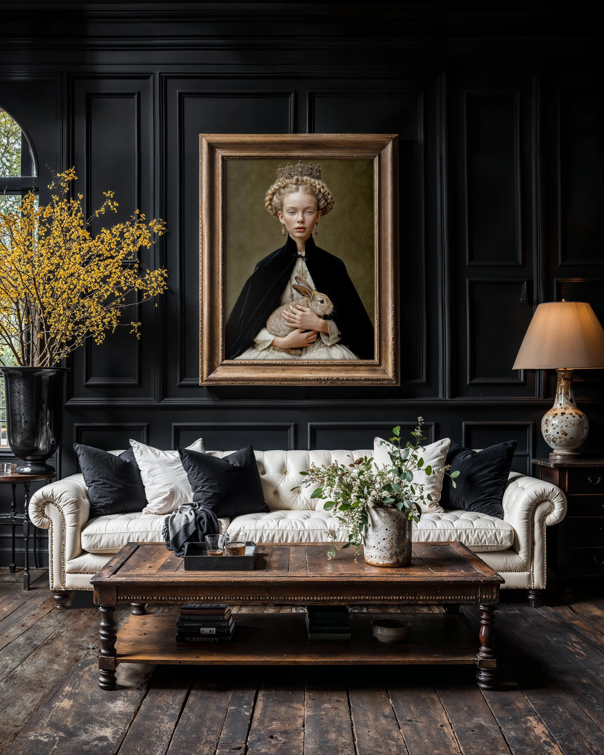 Large framed Eira fine art portrait displayed above a white sofa against black paneled walls in an elegant living room.