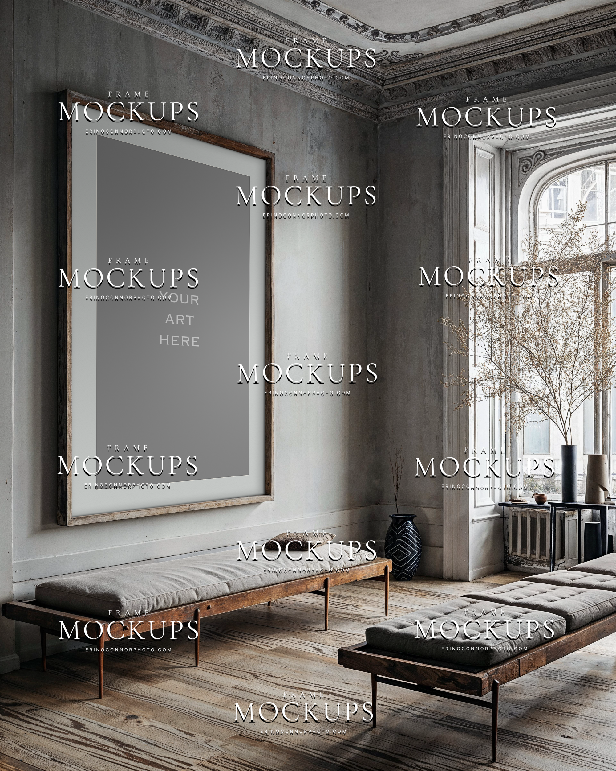 Moody wabi sabi wall art mockup with weathered plaster walls, wood bench seating, and tall vertical frame for photographers and artists presenting artwork.