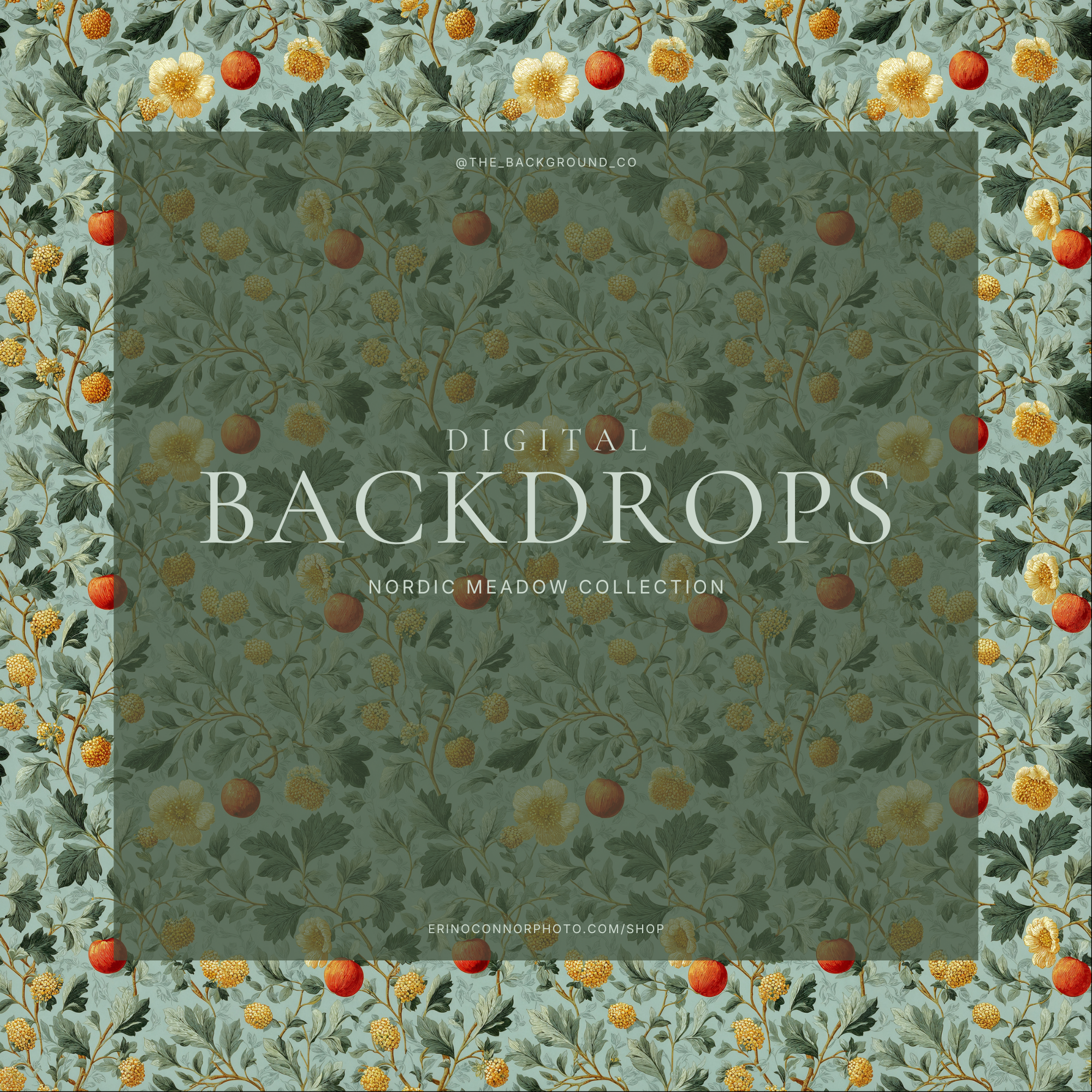 Nordic Meadow digital background: airy blue-green botanical wallpaper with red apples, pale yellow blossoms and soft sage leaves, Scandinavian romantic backdrop for portraits.