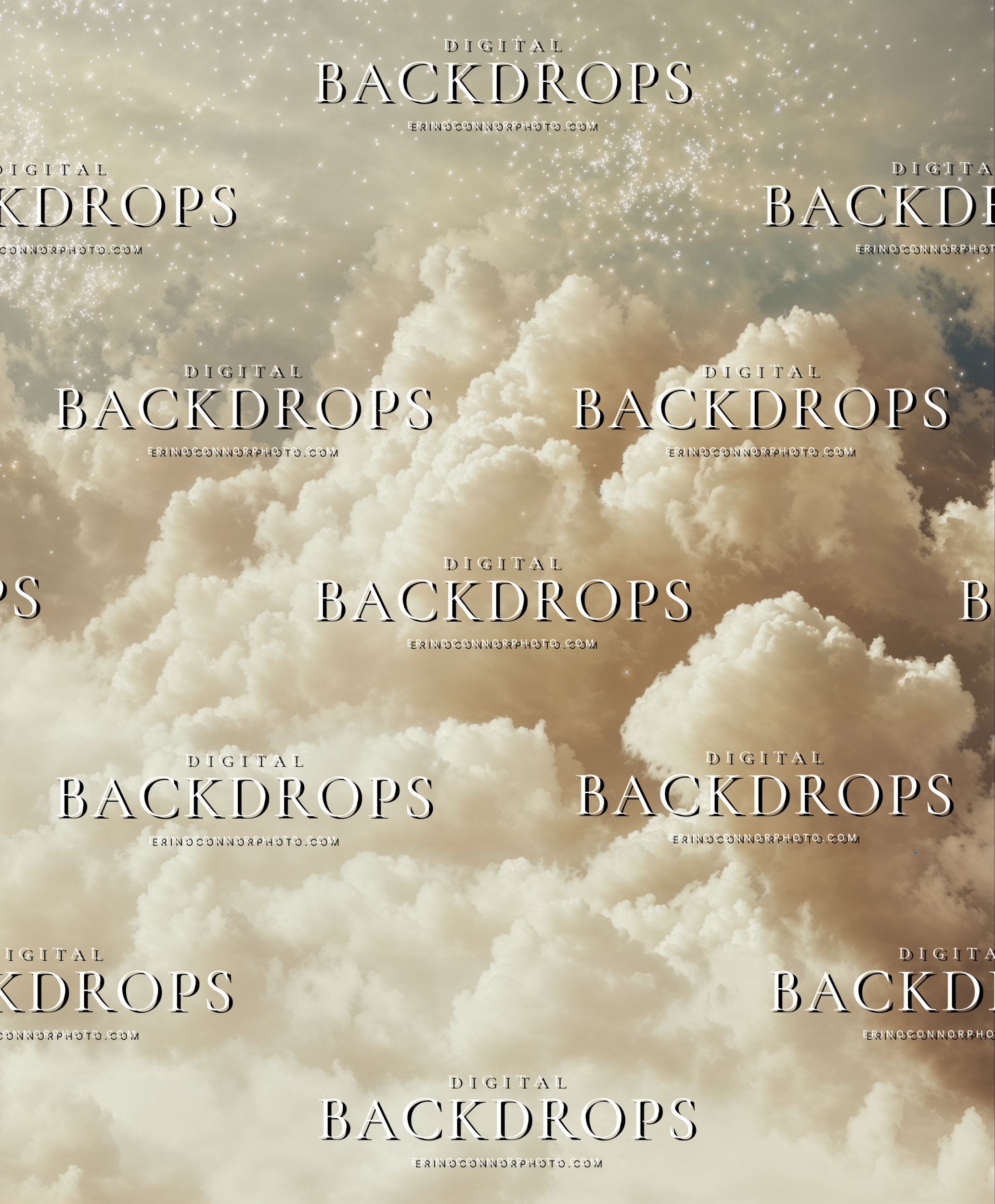 Airy celestial cloudscape with pale mist, warm taupe glow, and sparkling light for romantic portrait and fantasy composite backgrounds.