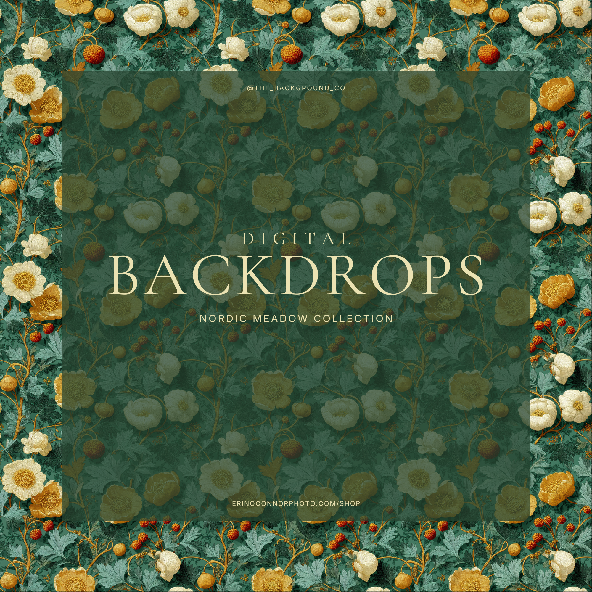 Nordic Meadow digital background: rich teal botanical pattern with oversized cream and golden flowers, berries and foliage, luxury painterly backdrop for fantasy and maternity portraits.