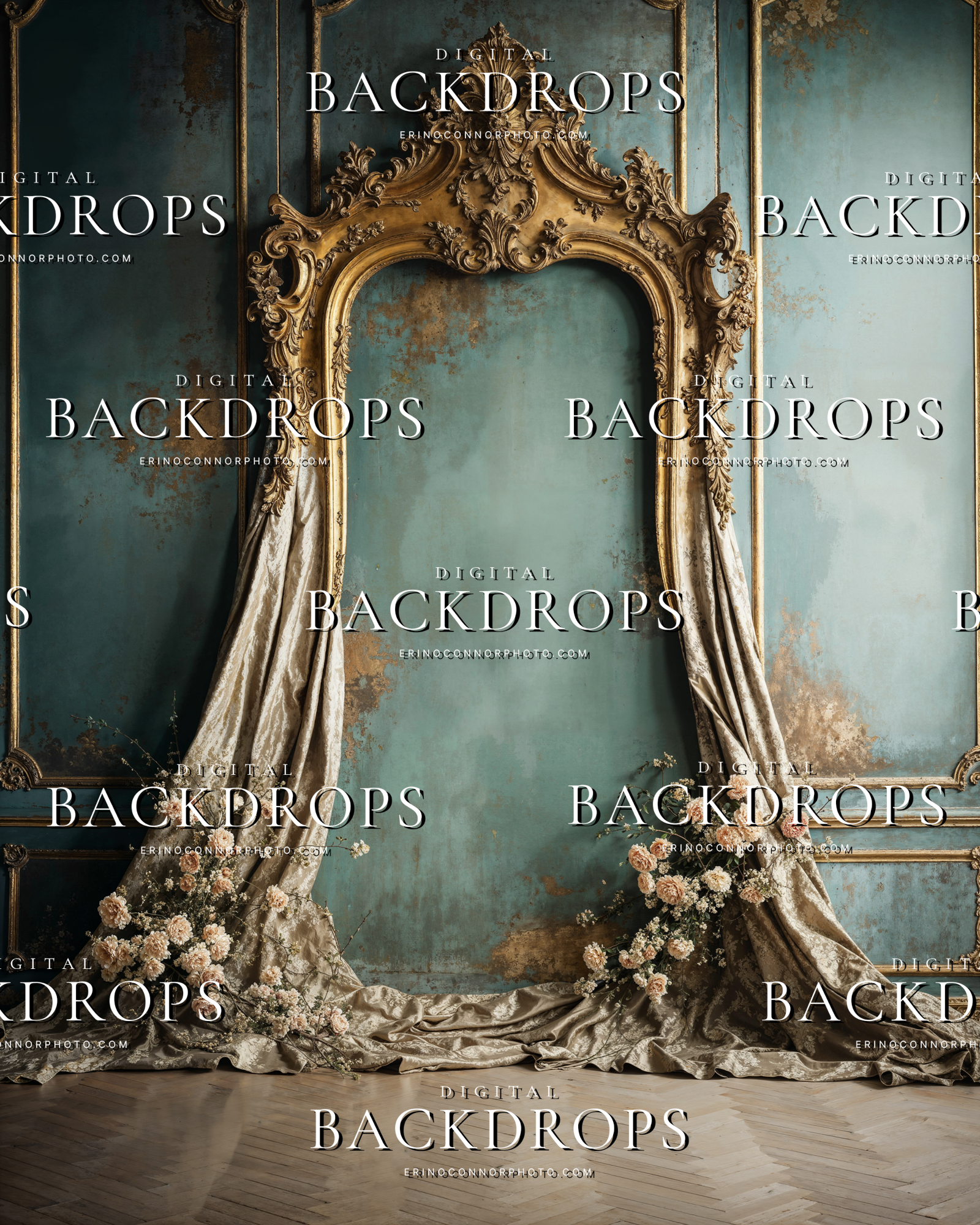 Rococo revival gilded arch background with tall ornate gold frame, draped silk pooling at base, lush blush roses along bottom, patina teal wall, high resolution JPEG for composites.