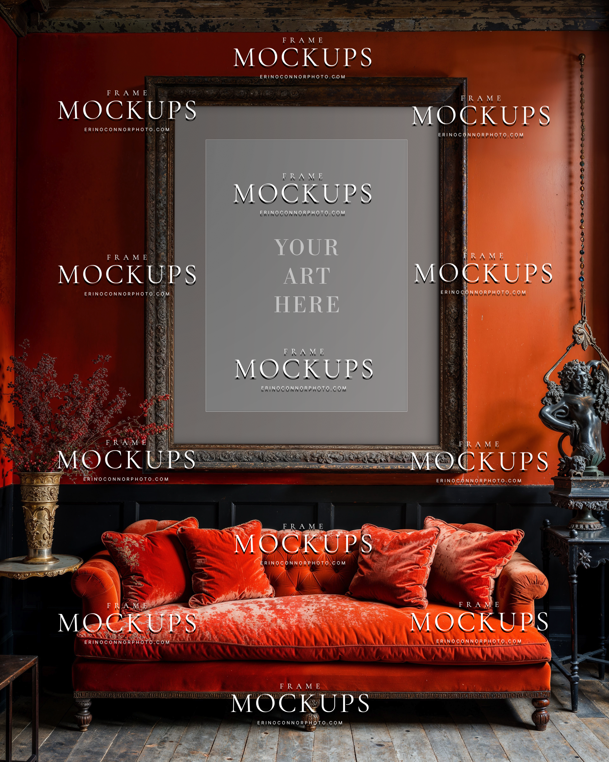 Empty wall art mockup in a modern Victorian interior with oversized ornate frame, rouge velvet seating, and dramatic dark room styling