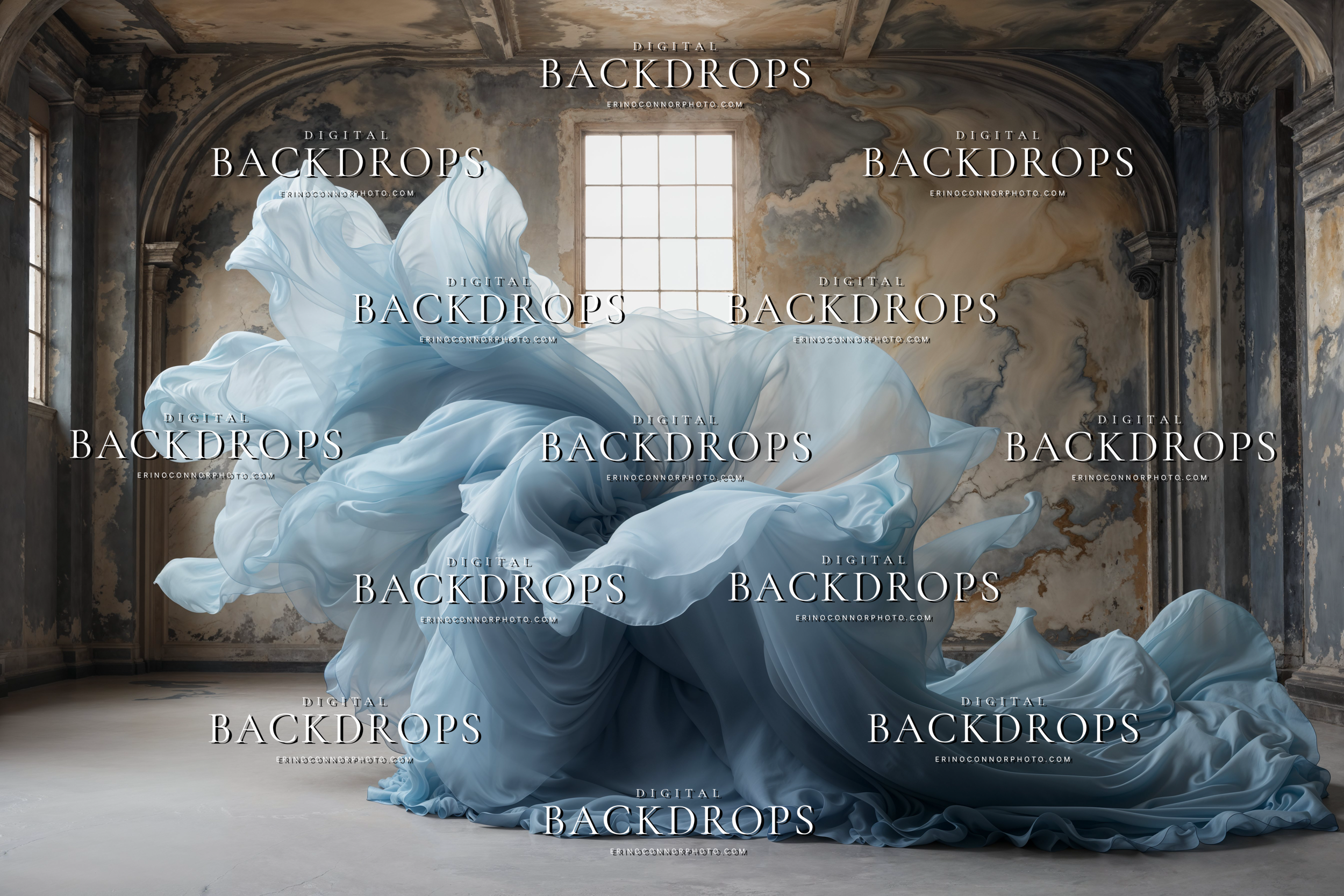 Icy blue chiffon sculpture in a grand architectural interior with soft smoke and marble detailing, digital background for editorial and fantasy portraits.