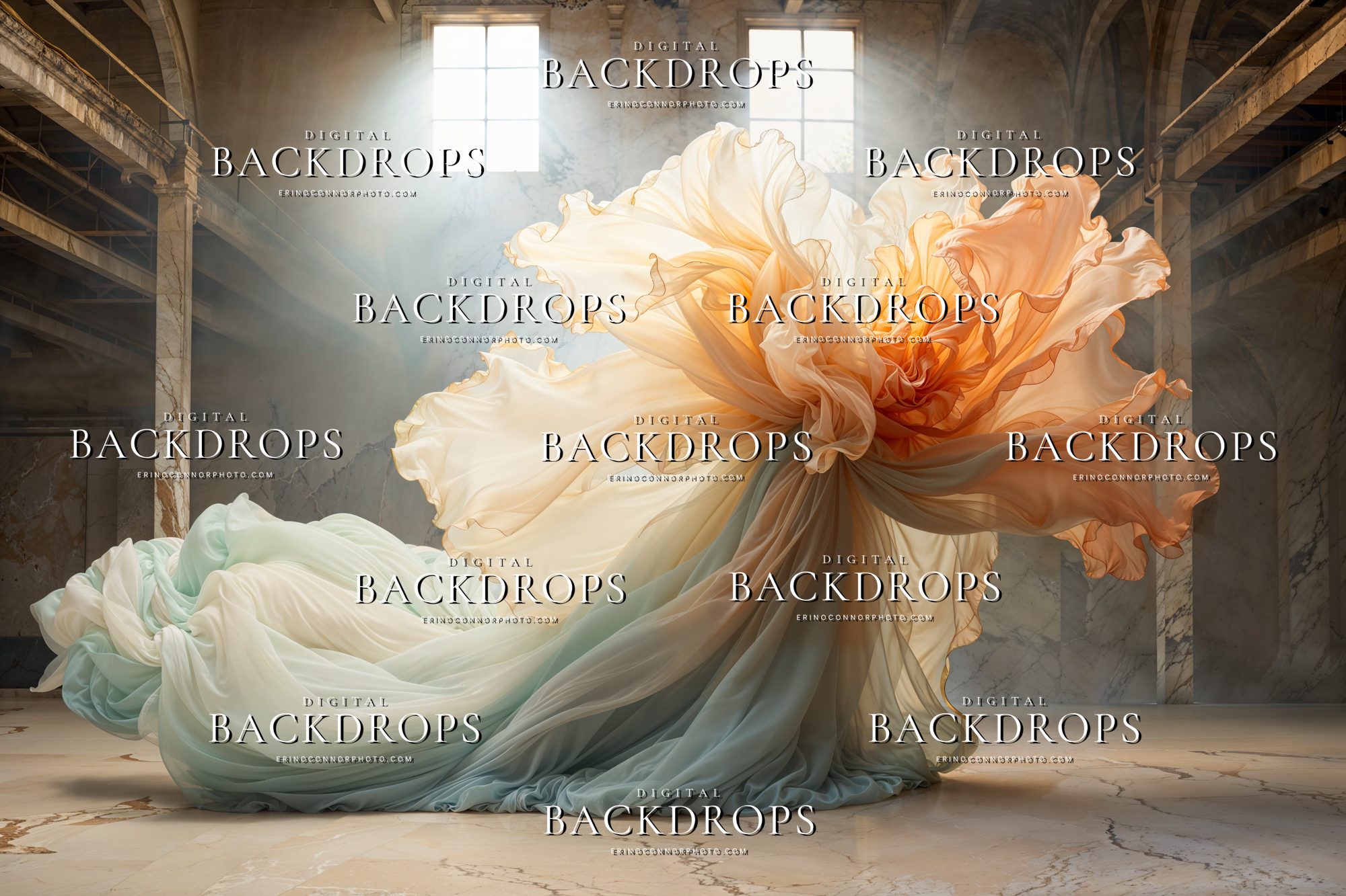 Flowing cream, apricot, and mint chiffon digital background with airy movement, marble walls, and bright window light for portrait composites.